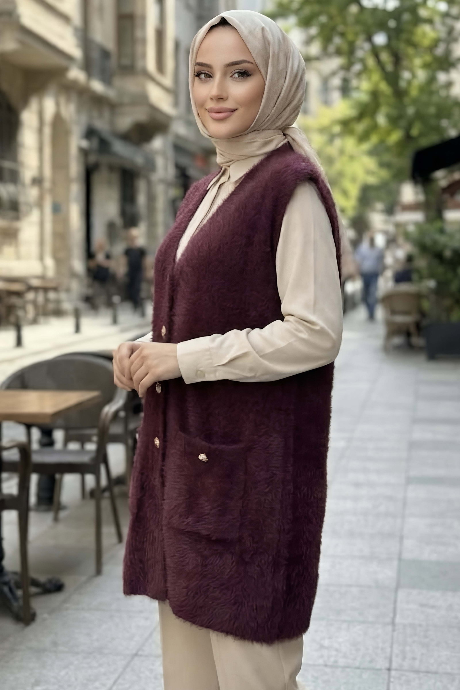Düğmeli Cepli Triko Hırka Bordo - 29222-BORDO - 2