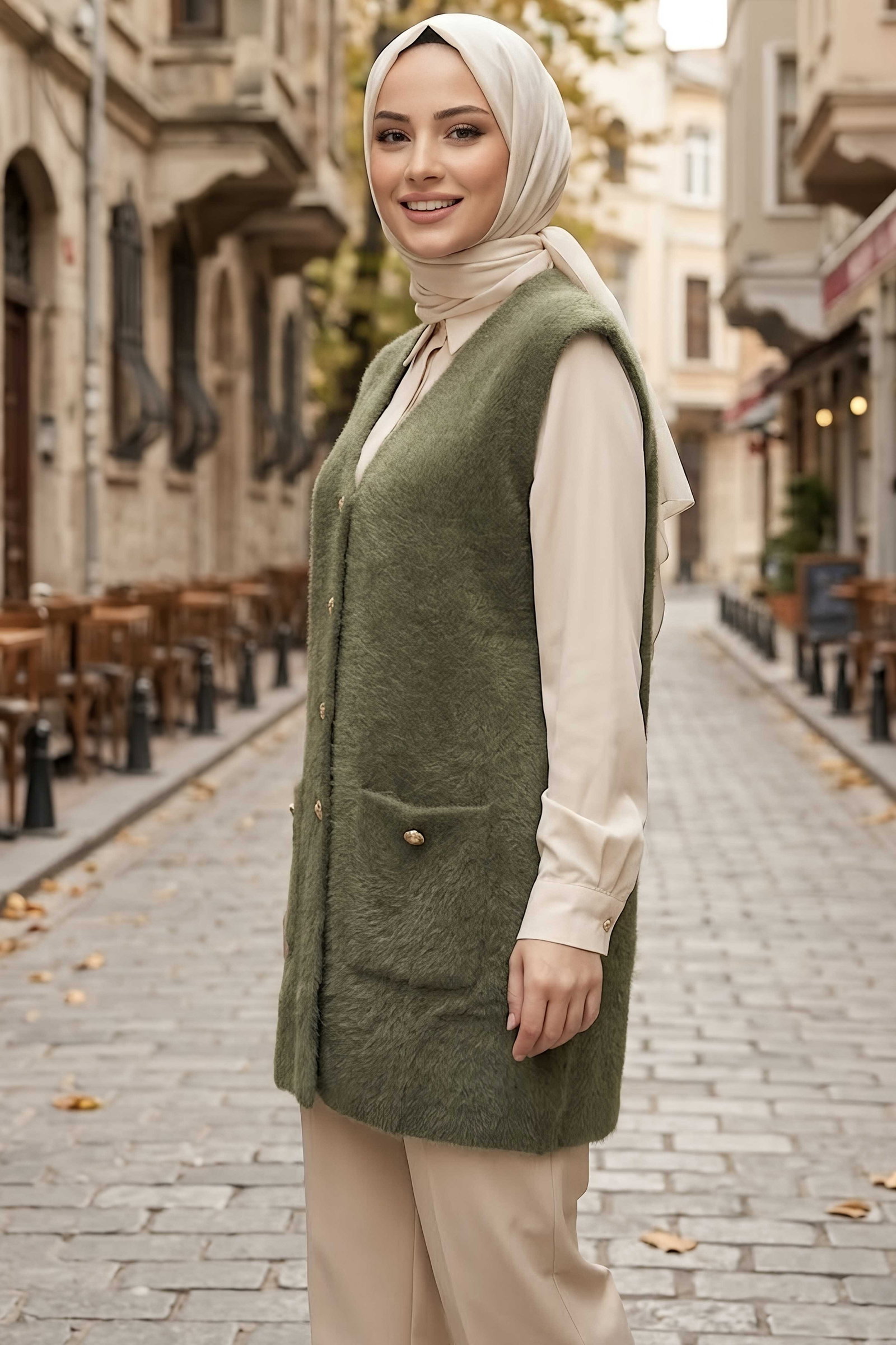Düğmeli Cepli Triko Hırka Haki - 29222-HAKI - 2