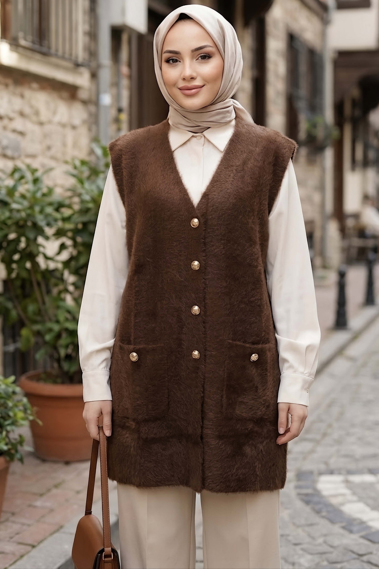Düğmeli Cepli Triko Hırka Kahve - 29222-KAHVE - 1