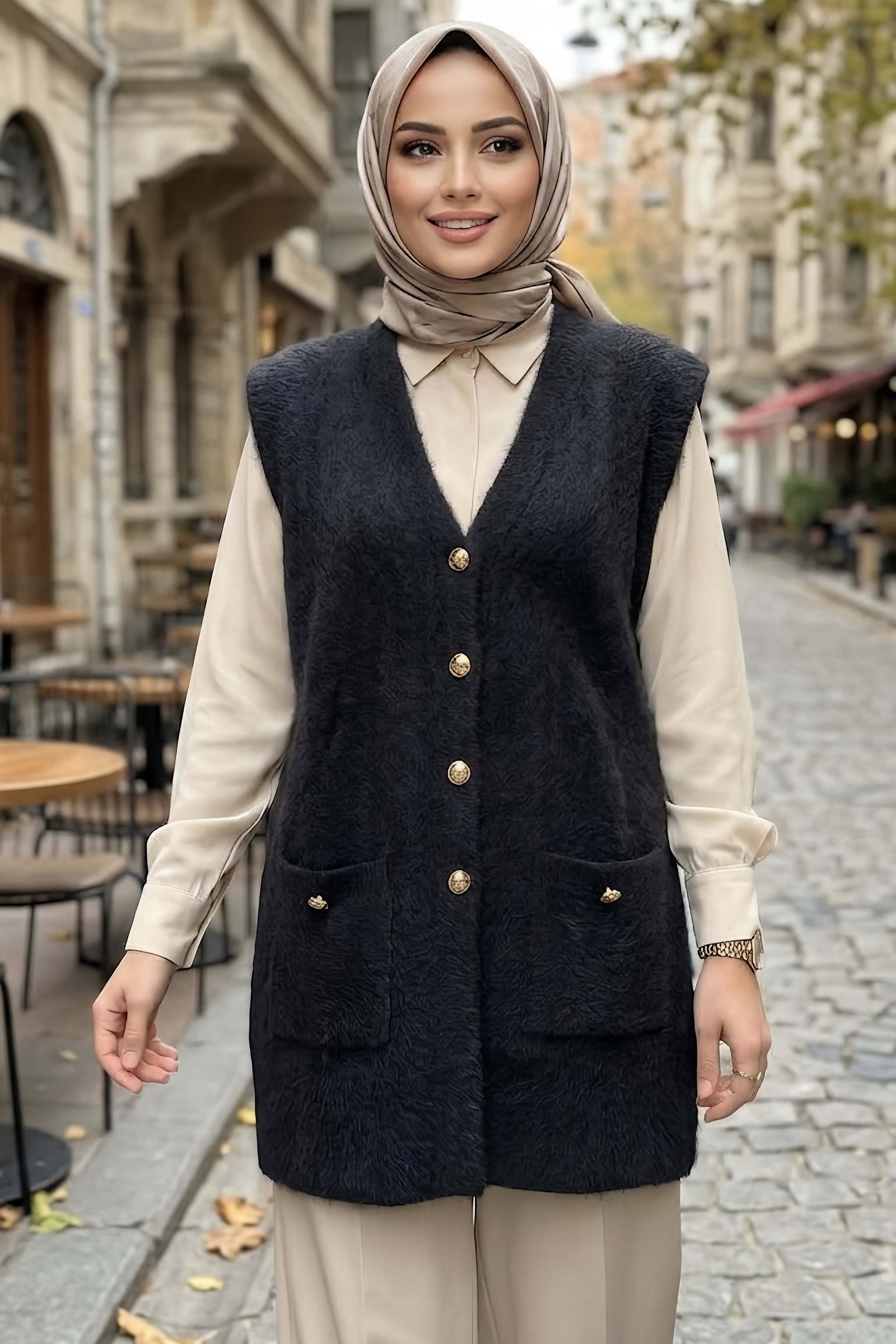 Düğmeli Cepli Triko Hırka Siyah - 29222-SIYAH - 1