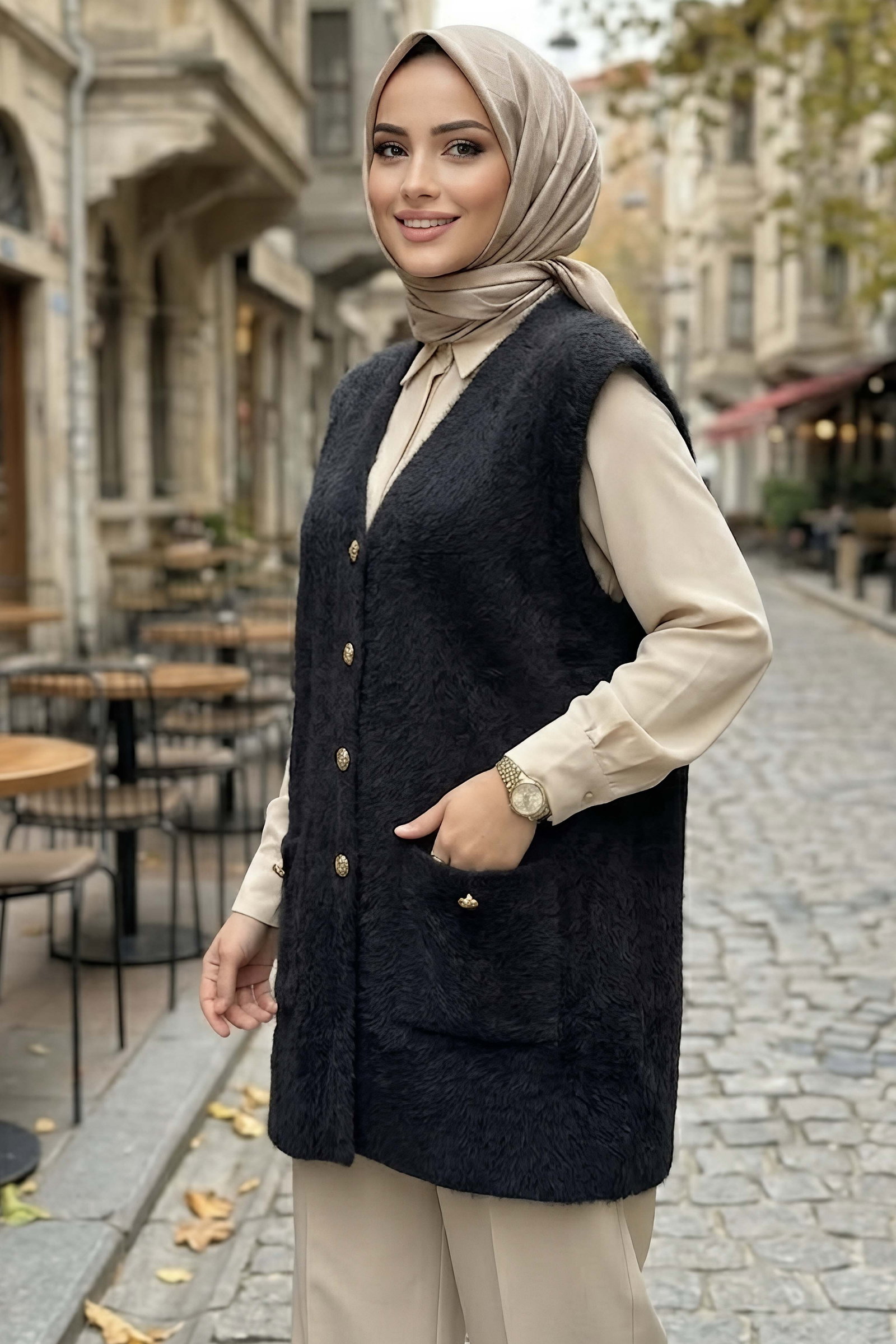 Düğmeli Cepli Triko Hırka Siyah - 29222-SIYAH - 2