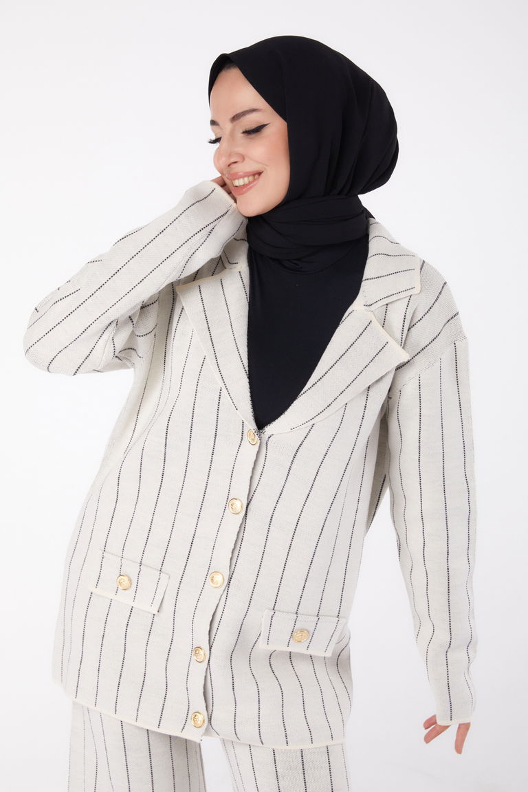 Düğmeli Çizgili Triko İkili Takım - 27666 - TOFİSA
