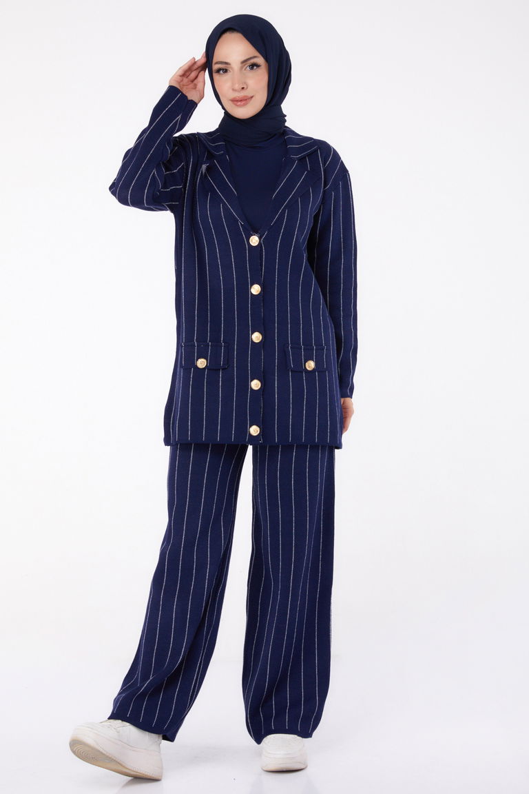 Düğmeli Çizgili Triko İkili Takım - 27666 - TOFİSA