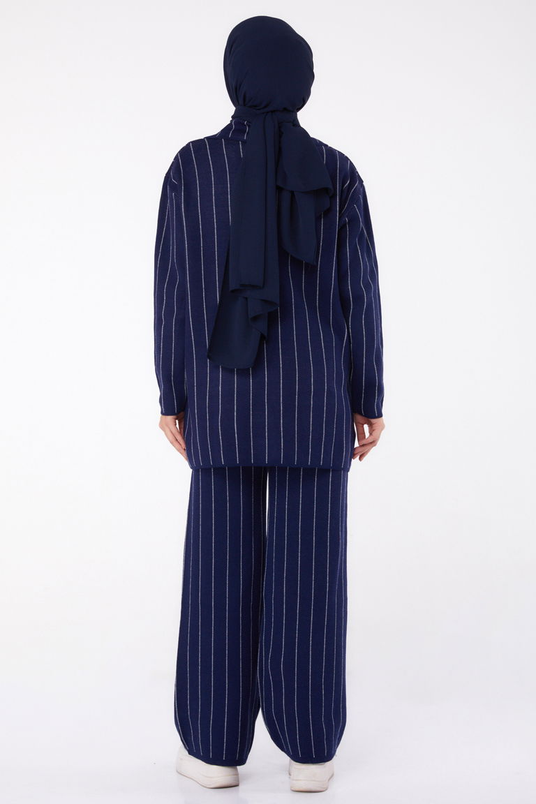 Düğmeli Çizgili Triko İkili Takım - 27666 - TOFİSA