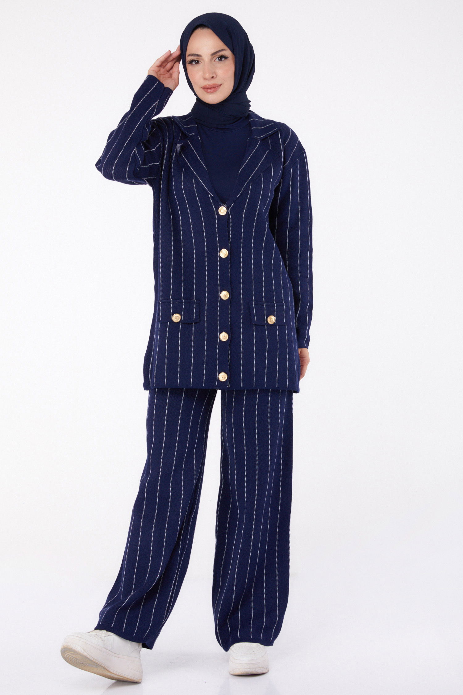 Düğmeli Çizgili Triko İkili Takım - 27666 - 2