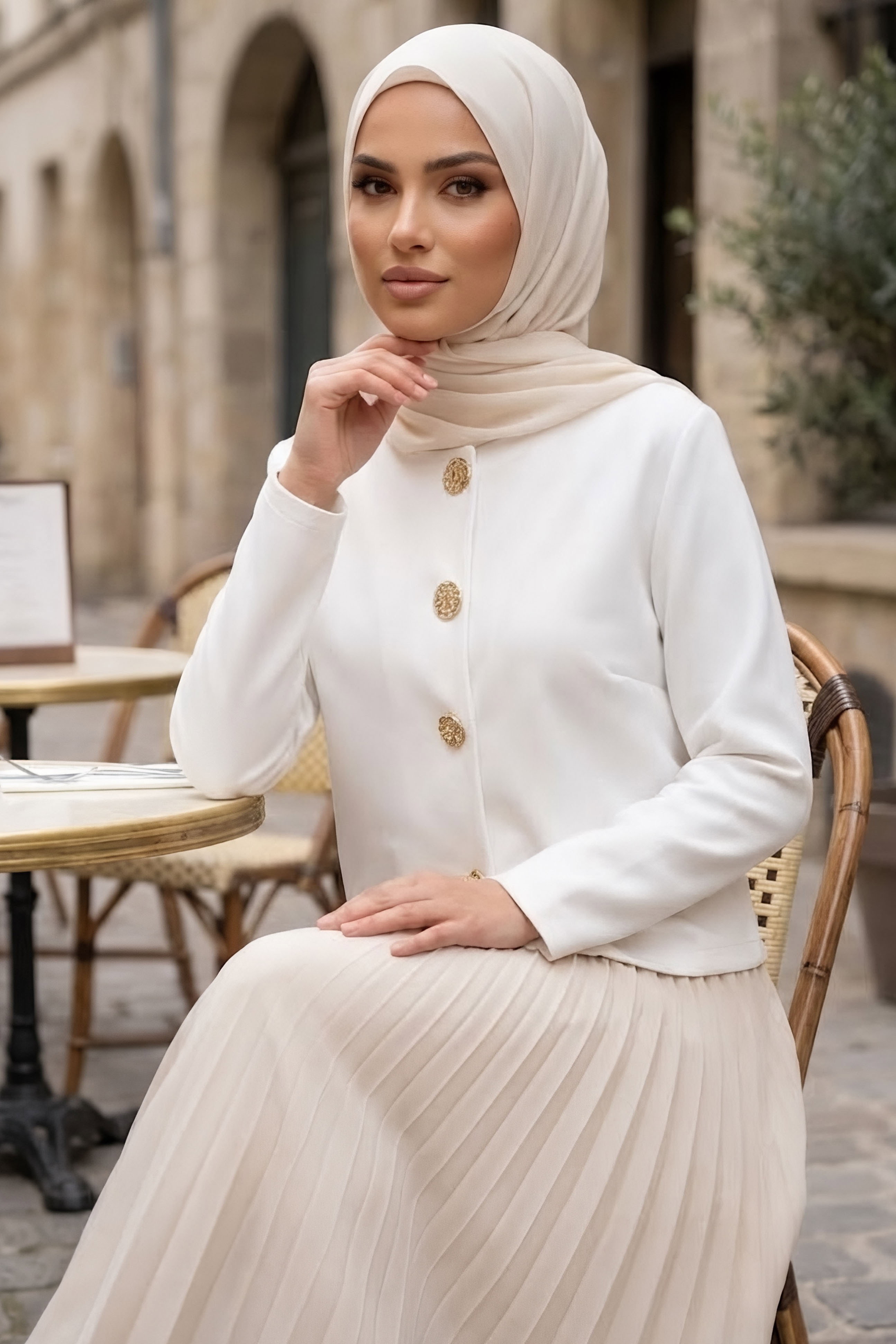Düğmeli Dabıl Ceket Beyaz - 28899-BEYAZ - 1