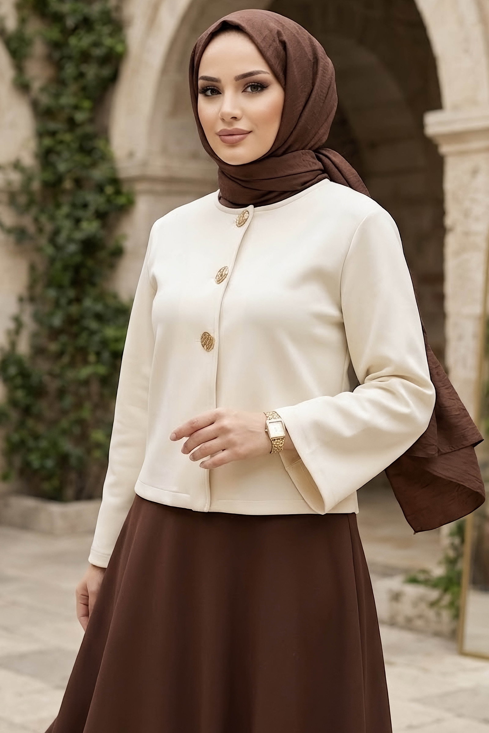Düğmeli Dabıl Ceket Krem - 28899-KREM - 1