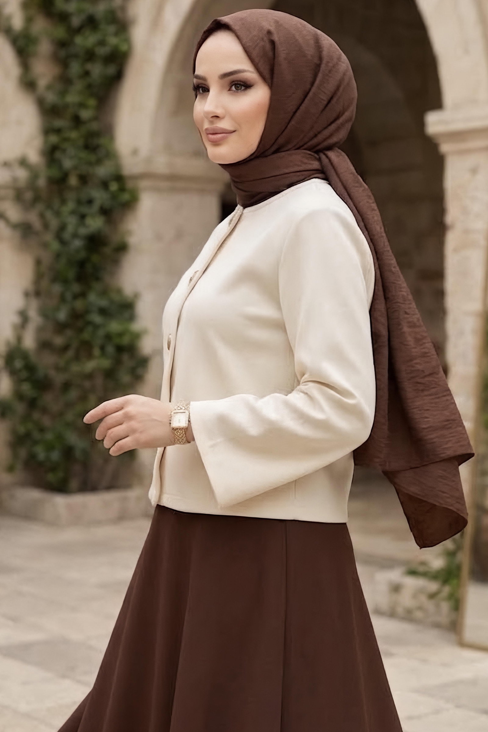 Düğmeli Dabıl Ceket Krem - 28899-KREM - 2
