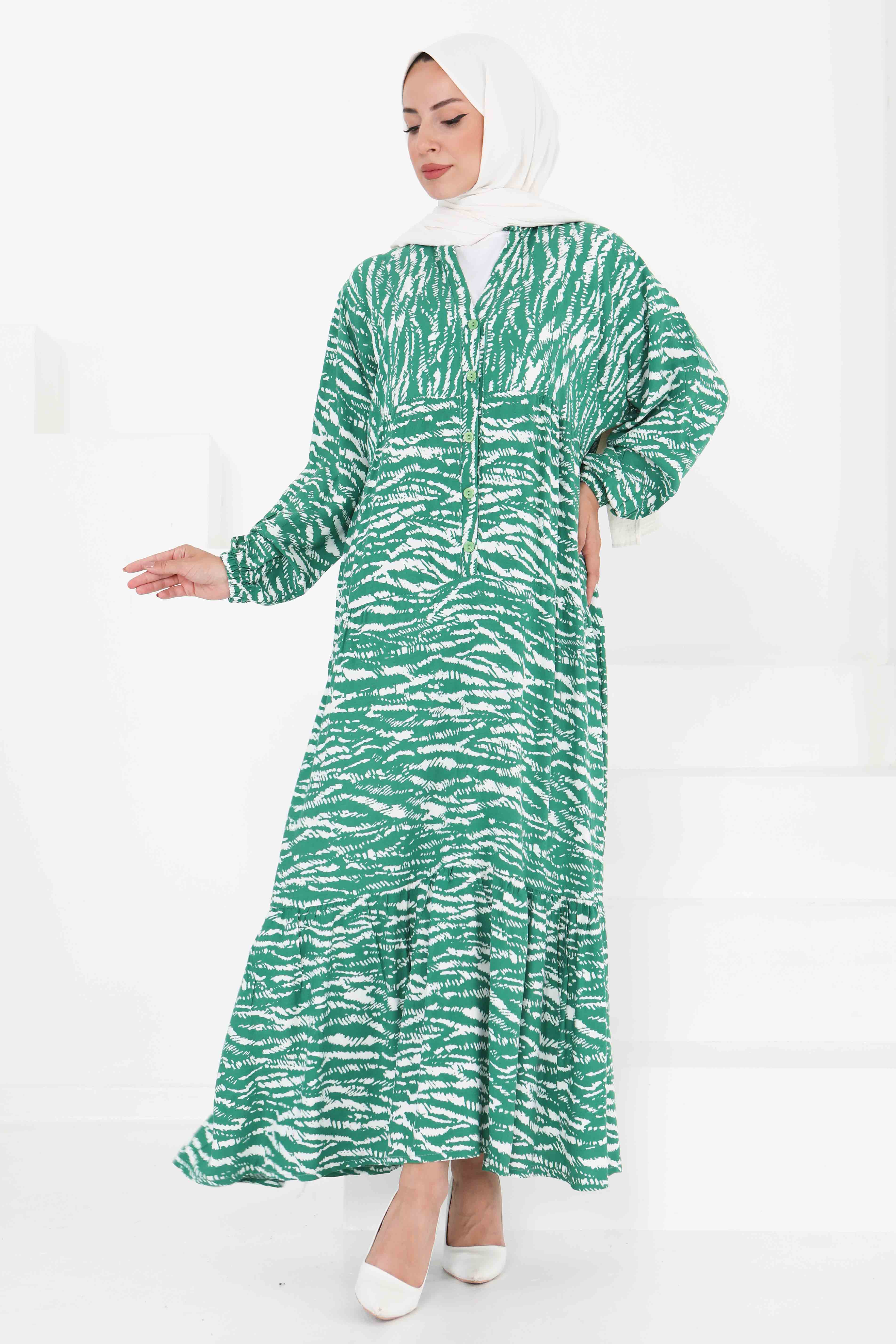 Düğmeli Desenli Elbise - 27424 - 1