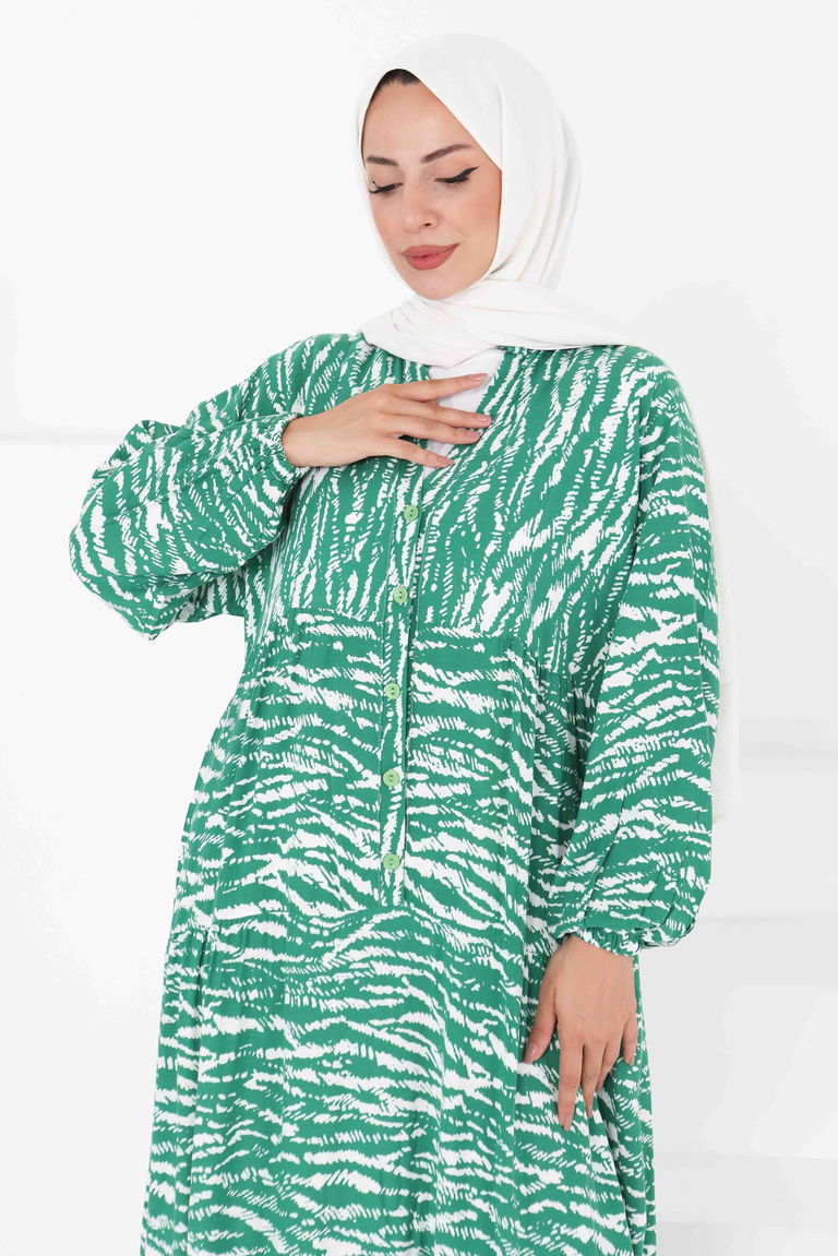 Düğmeli Desenli Elbise - 27424 - TOFİSA