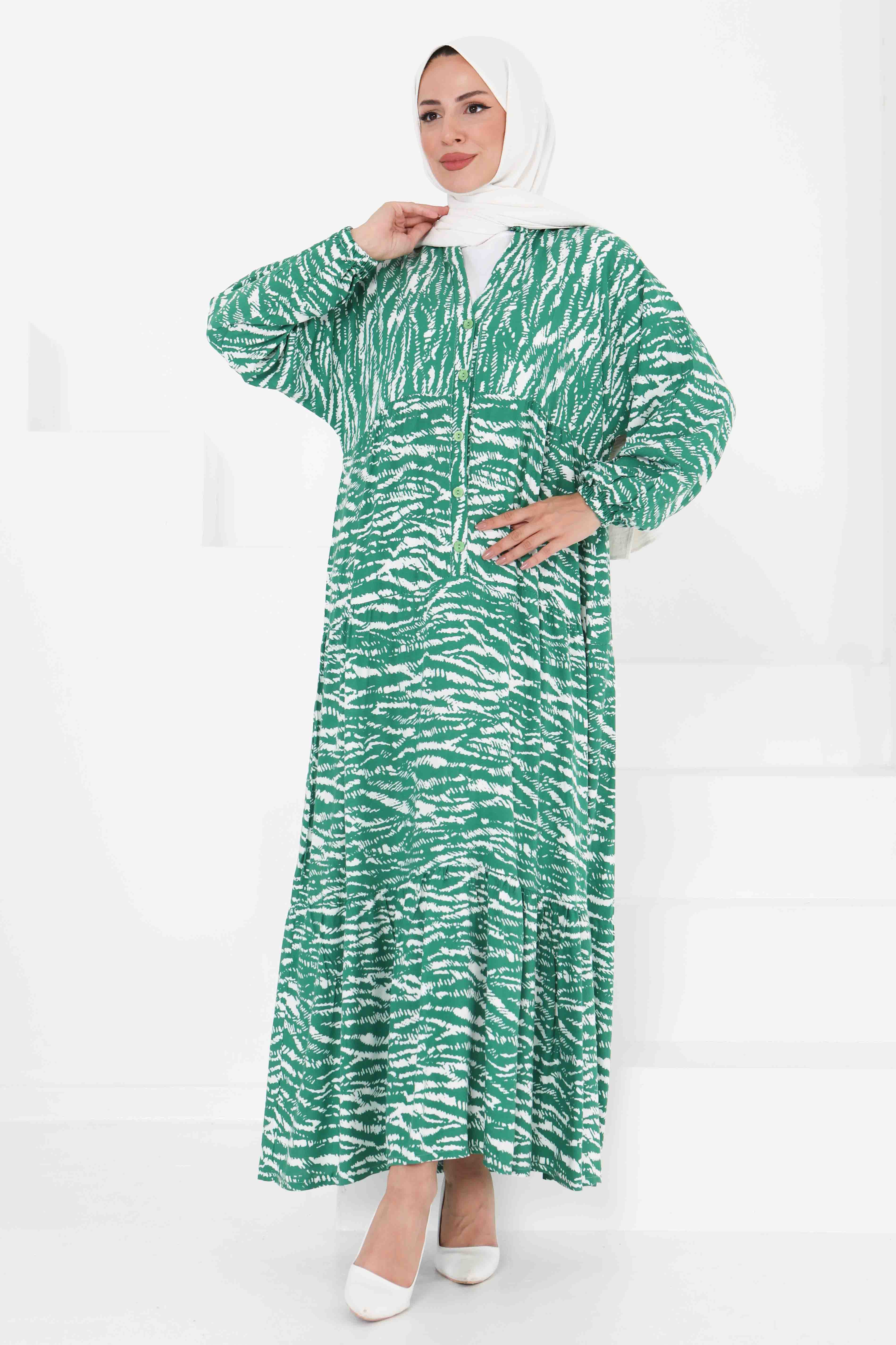 Düğmeli Desenli Elbise - 27424 - 3