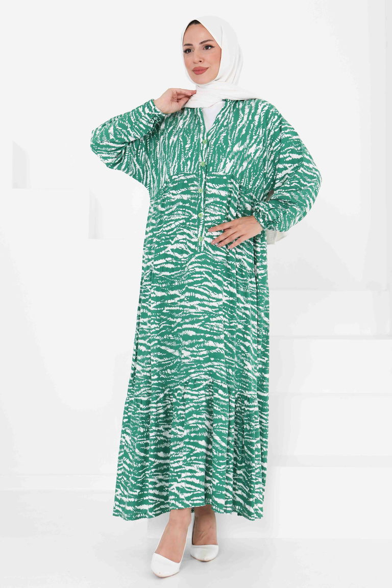 Düğmeli Desenli Elbise - 27424 - TOFİSA