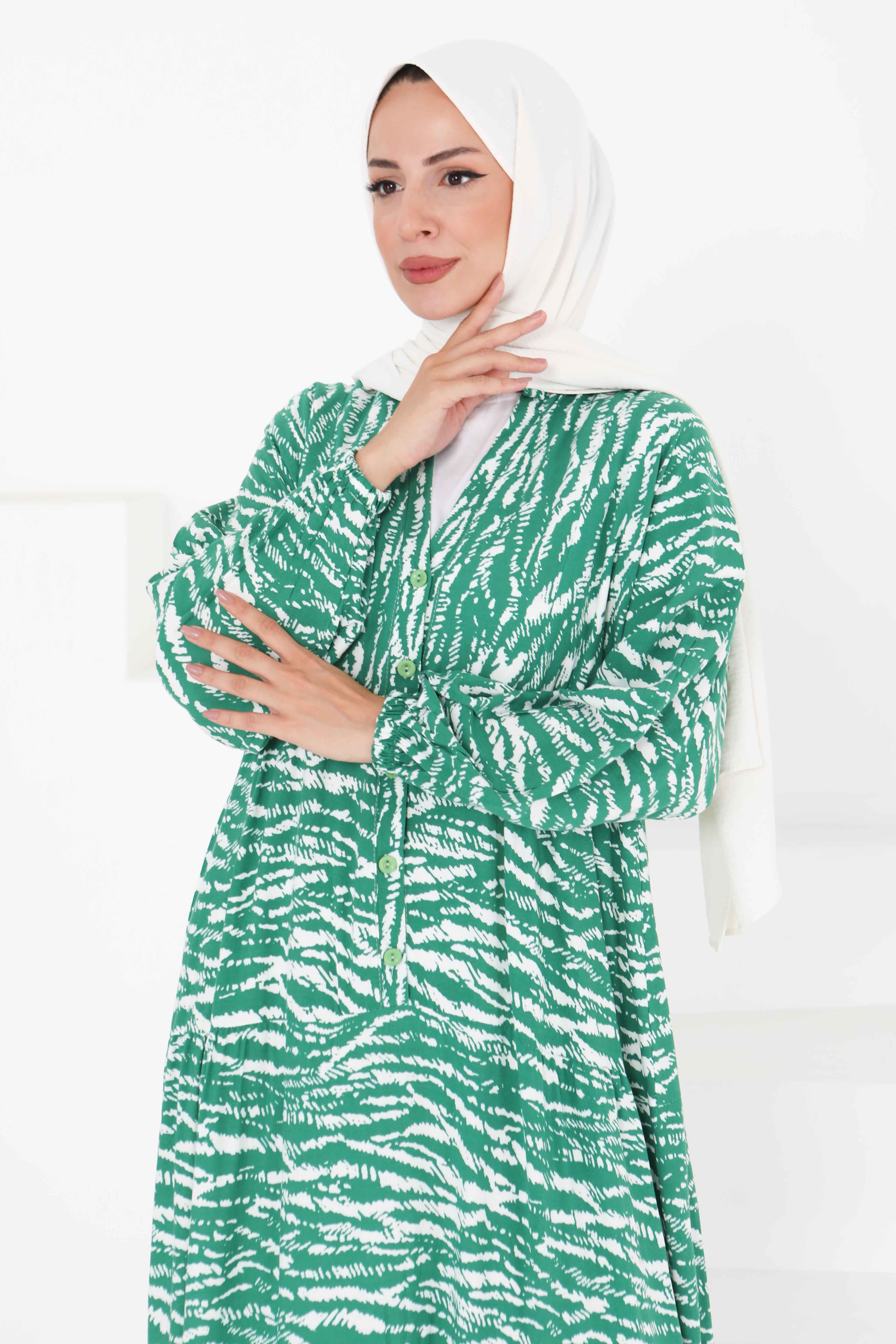 Düğmeli Desenli Elbise - 27424 - 4