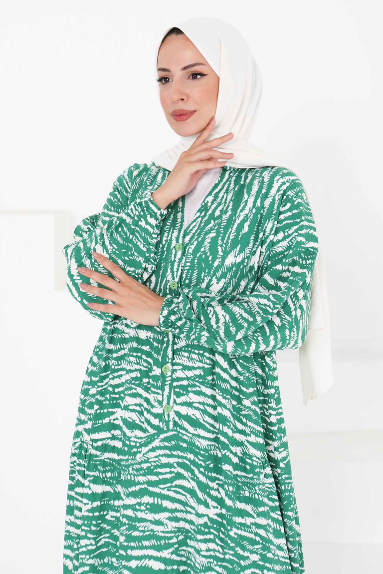 Düğmeli Desenli Elbise - 27424 - TOFİSA