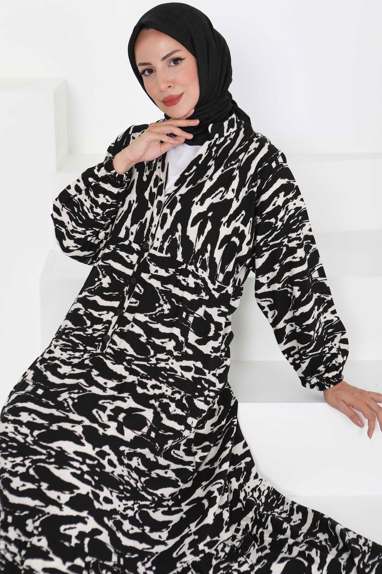 Düğmeli Desenli Elbise - 27425 - TOFİSA