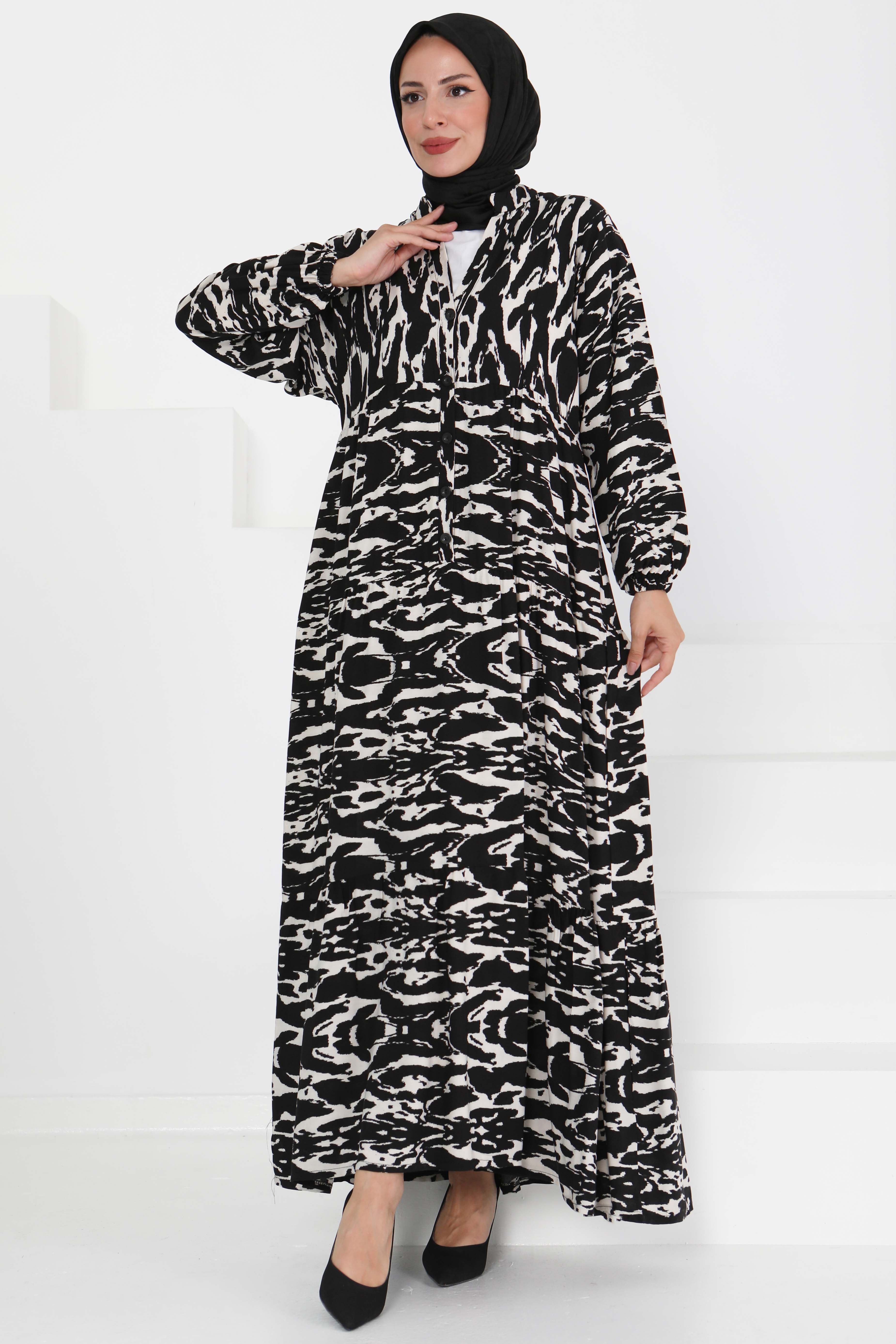 Düğmeli Desenli Elbise - 27425 - 2