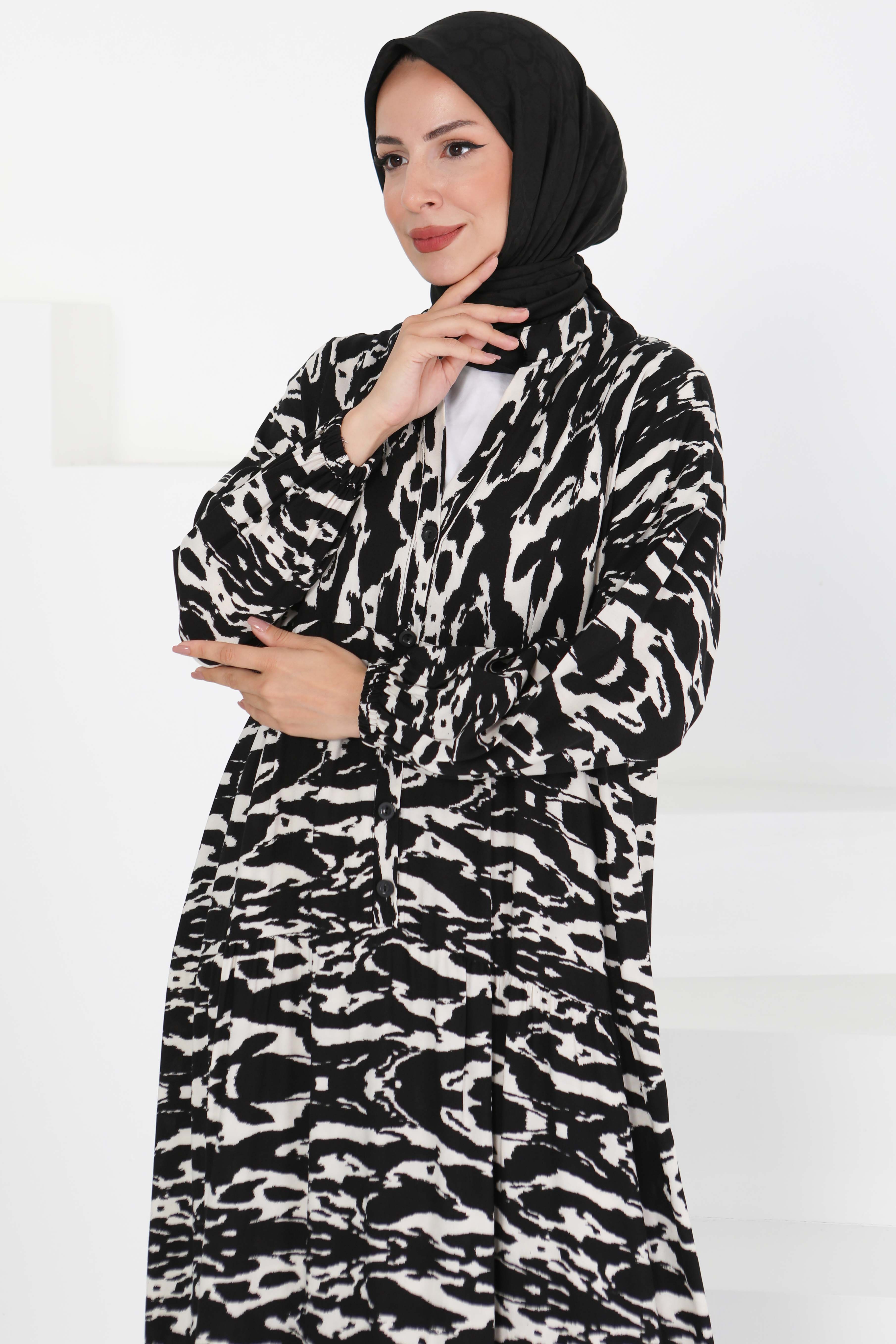 Düğmeli Desenli Elbise - 27425 - 3