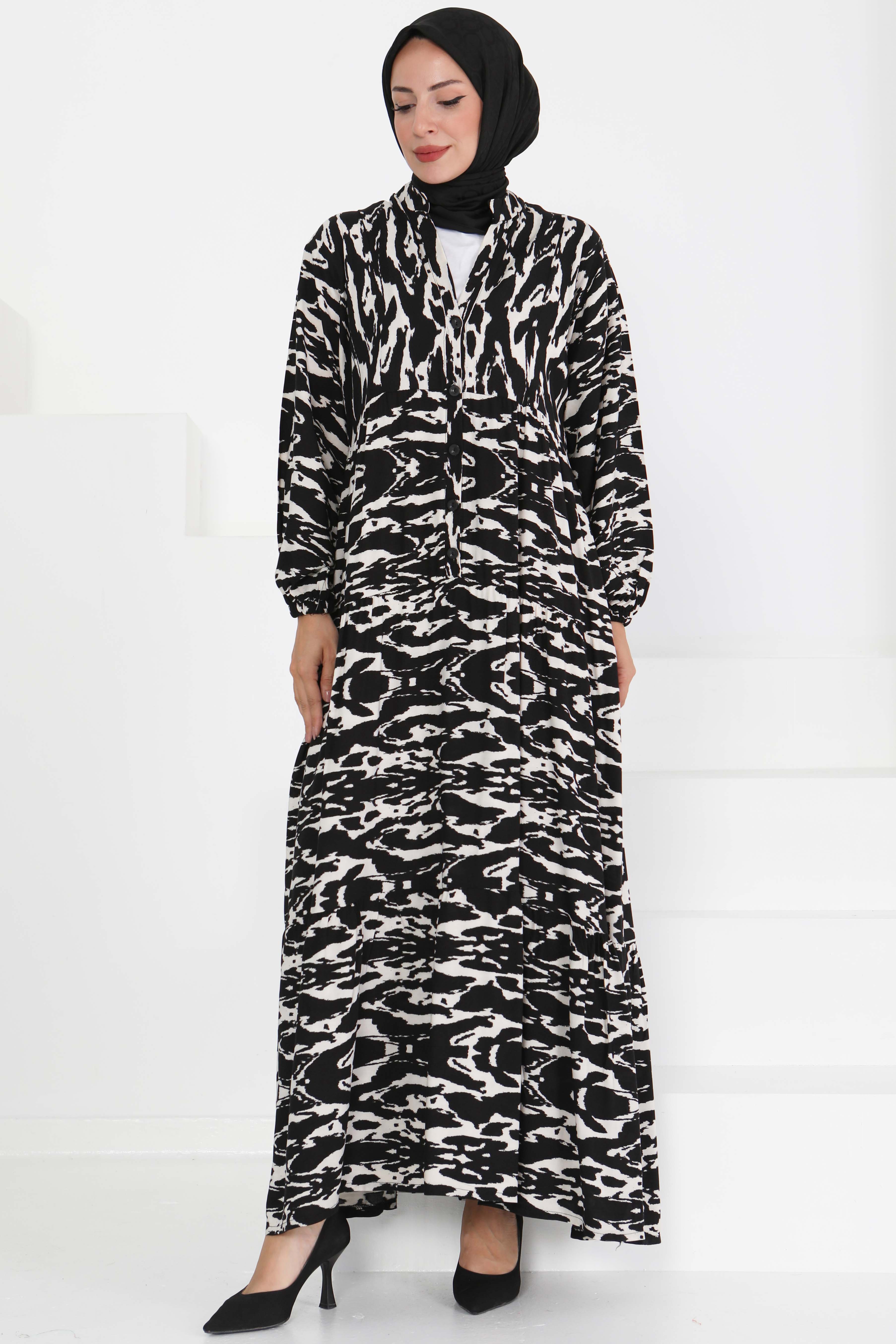 Düğmeli Desenli Elbise - 27425 - 4