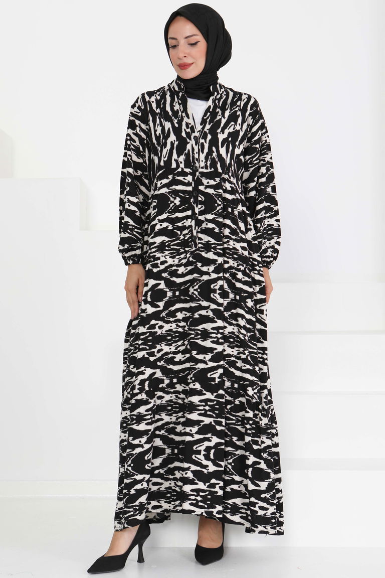 Düğmeli Desenli Elbise - 27425 - TOFİSA