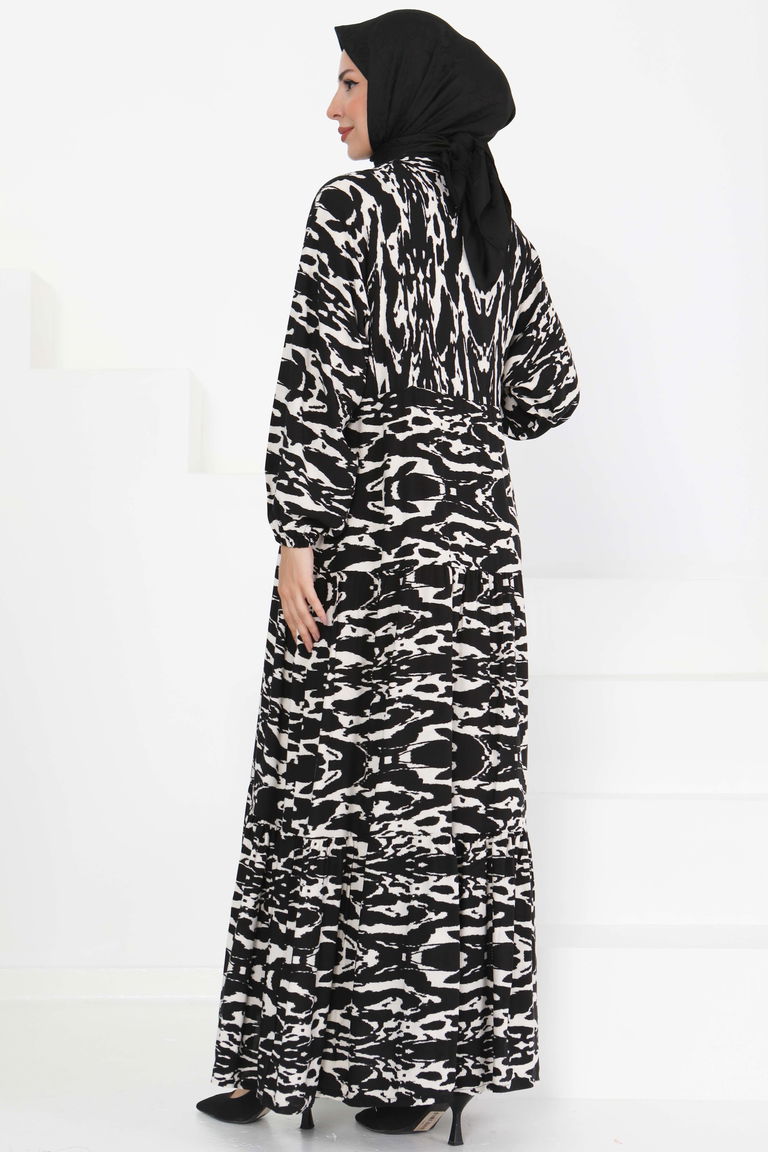 Düğmeli Desenli Elbise - 27425 - TOFİSA