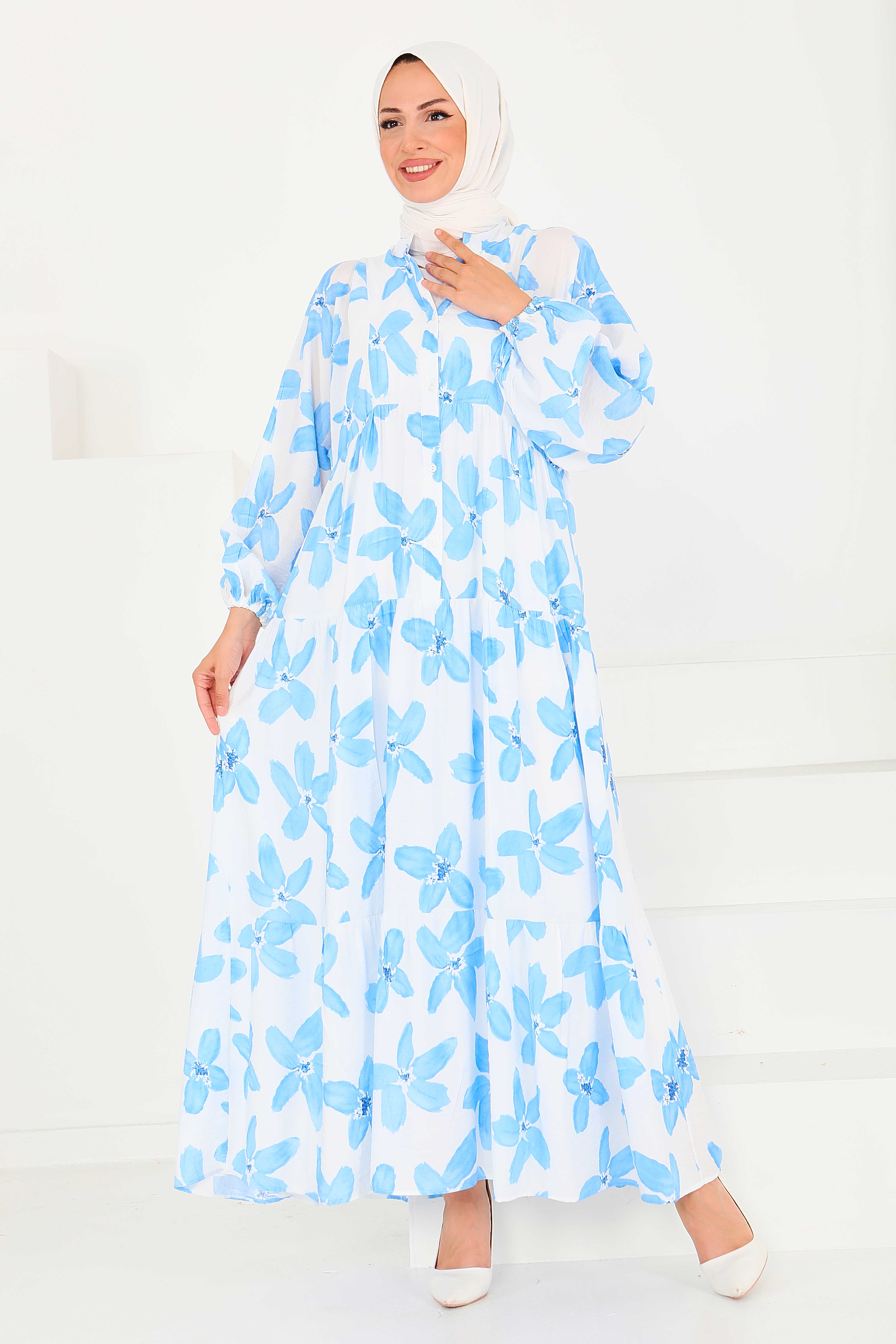 Düğmeli Desenli Elbise - 27514 - 4