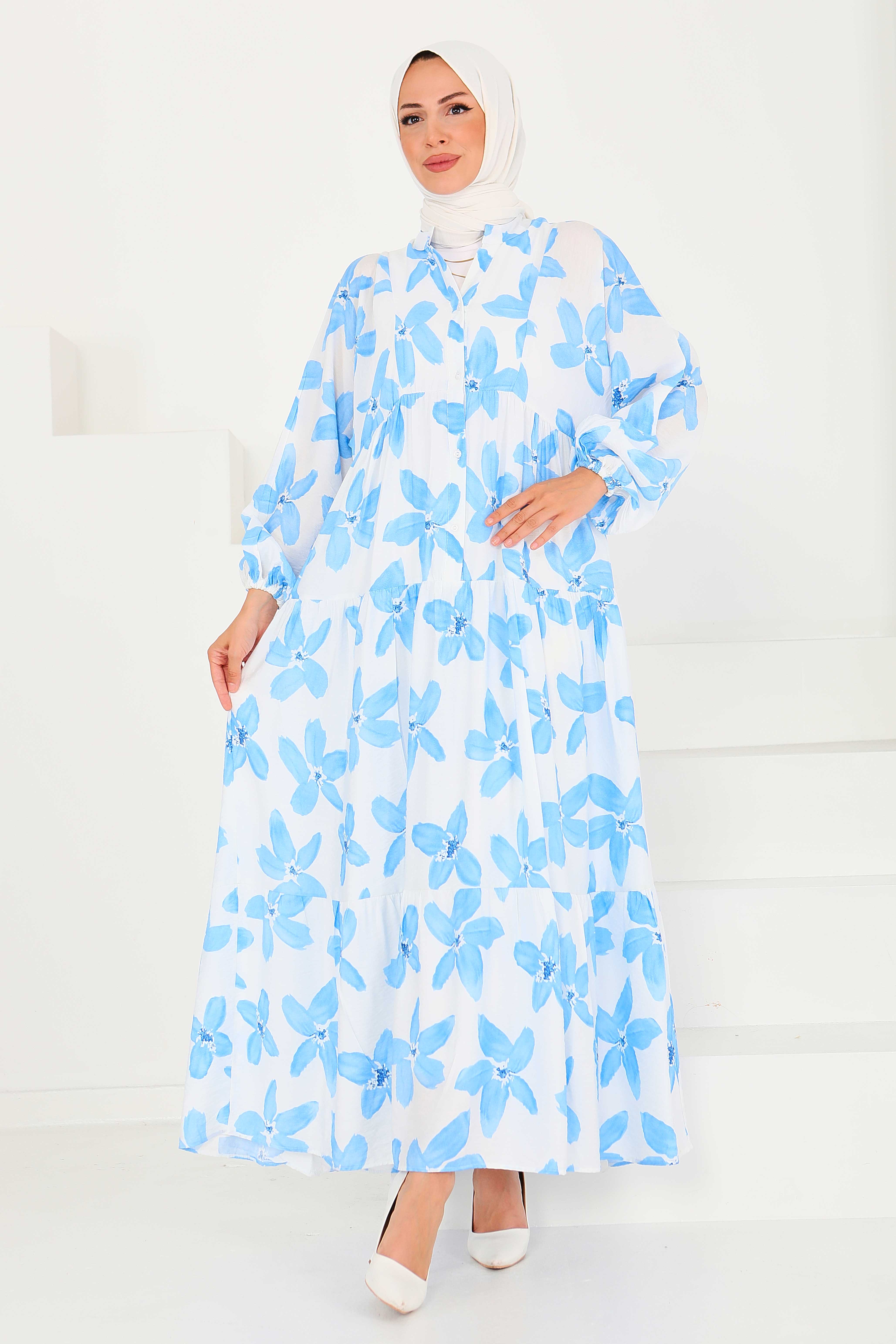 Düğmeli Desenli Elbise - 27514 - 5