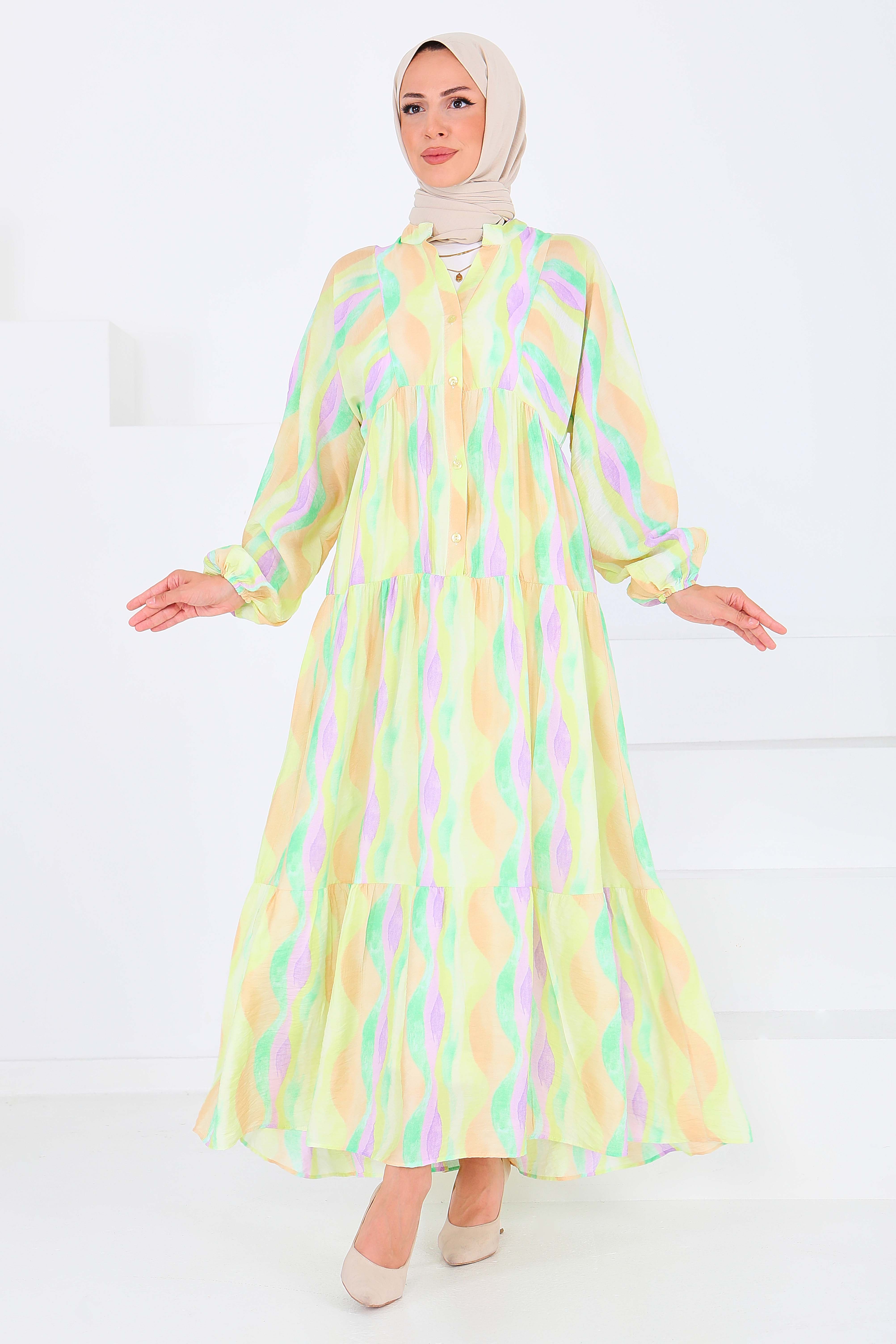 Düğmeli Desenli Elbise - 27515 - 2