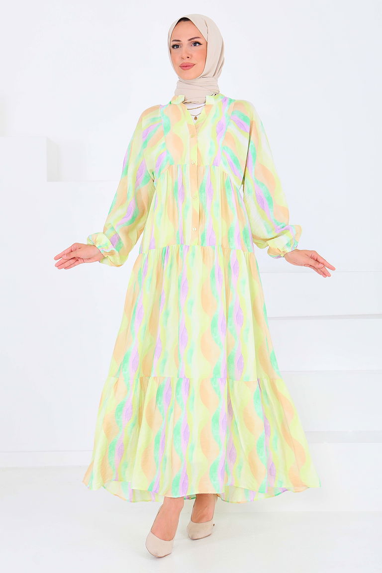 Düğmeli Desenli Elbise - 27515 - TOFİSA