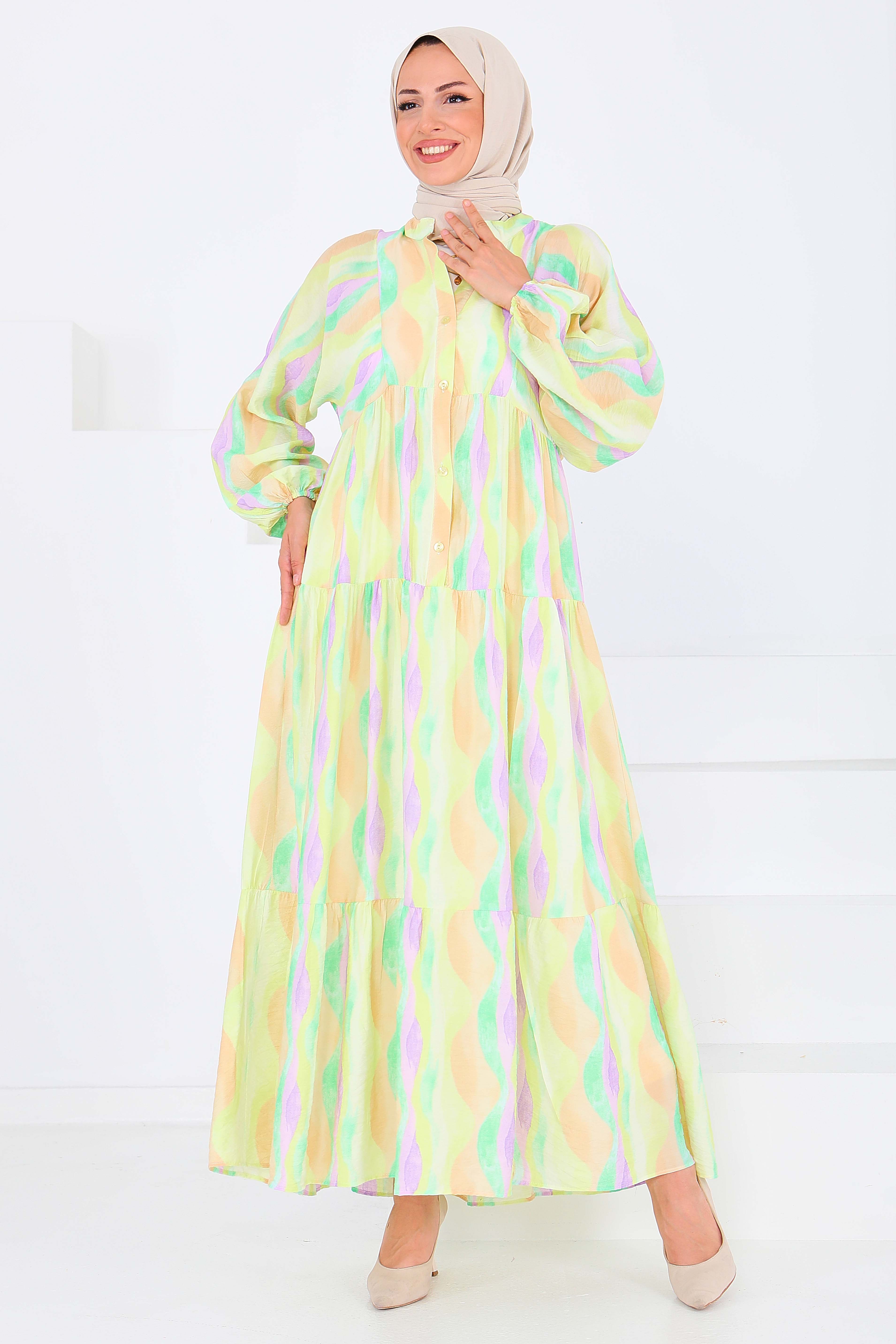 Düğmeli Desenli Elbise - 27515 - 3