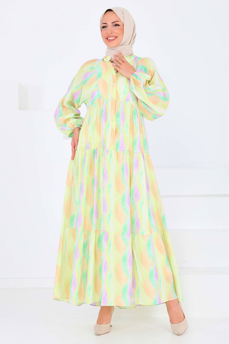 Düğmeli Desenli Elbise - 27515 - TOFİSA