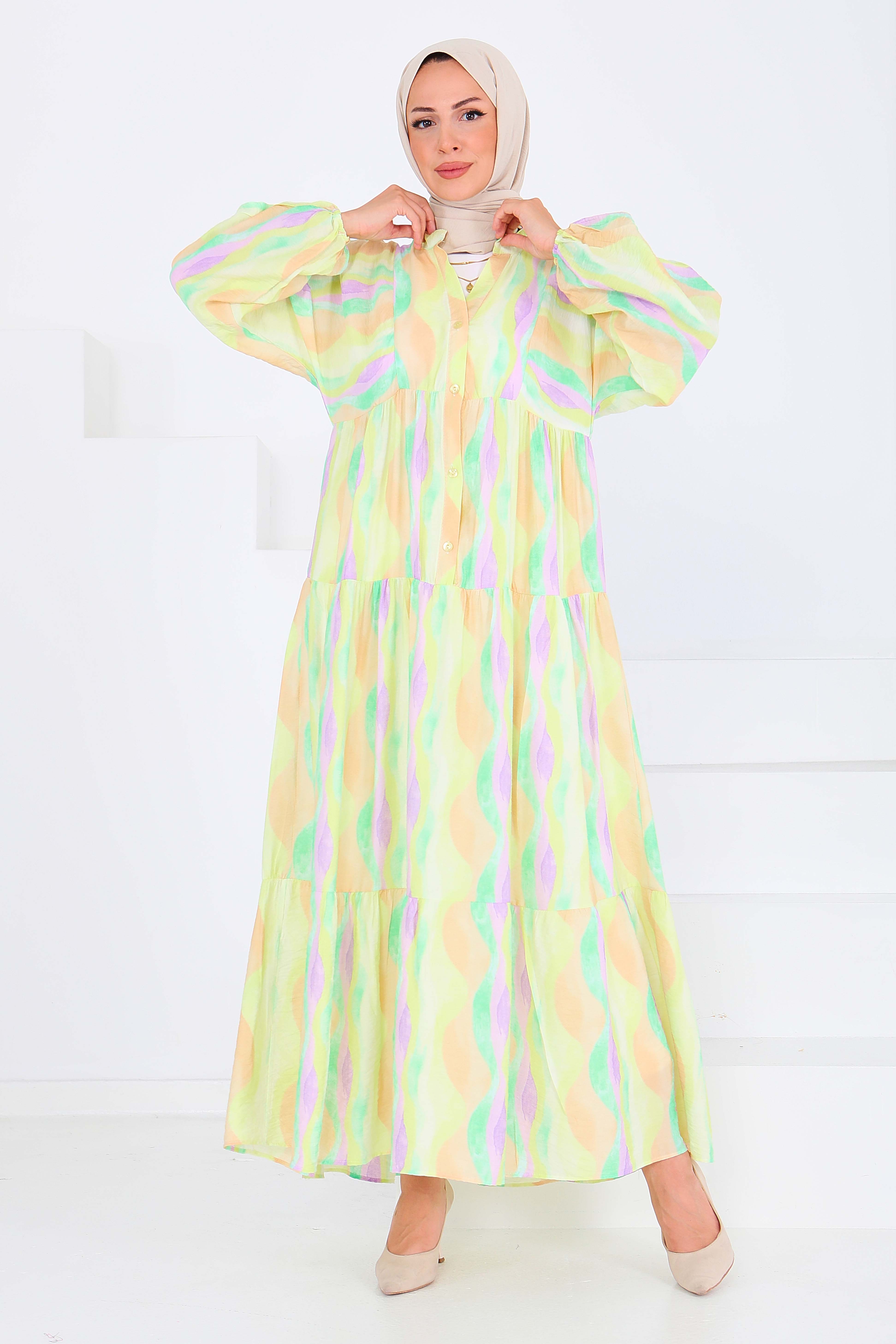 Düğmeli Desenli Elbise - 27515 - 4