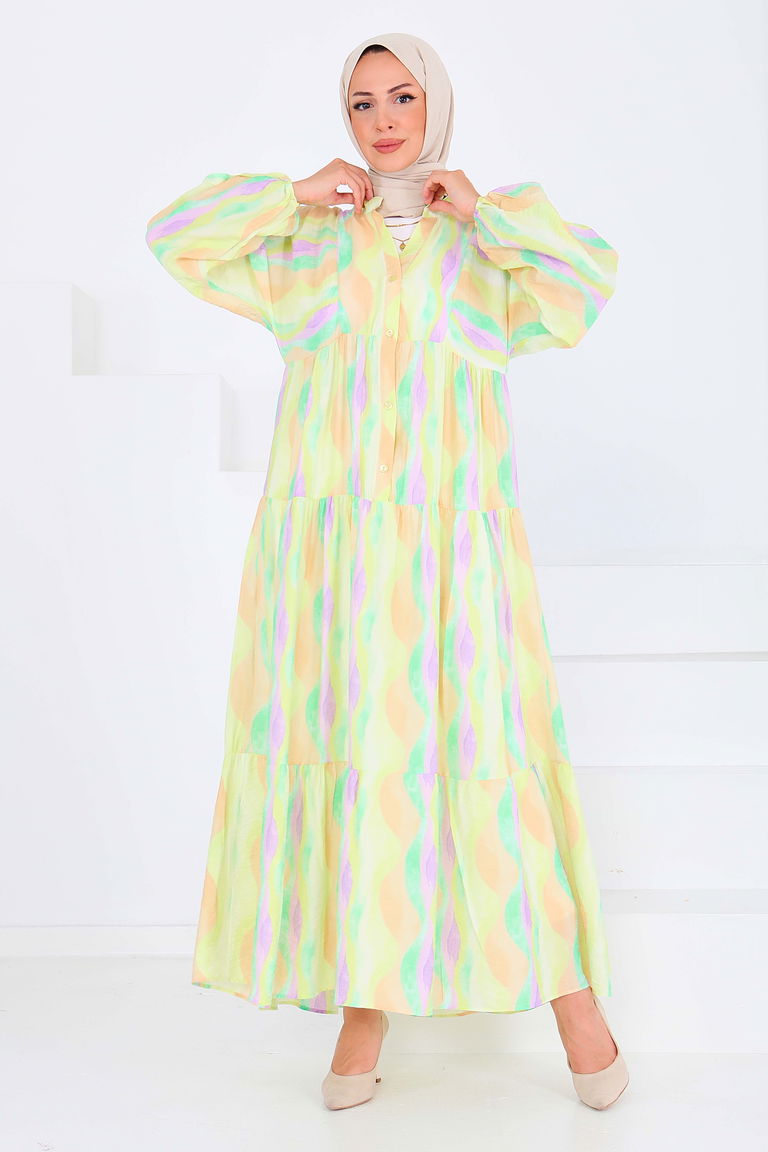 Düğmeli Desenli Elbise - 27515 - TOFİSA