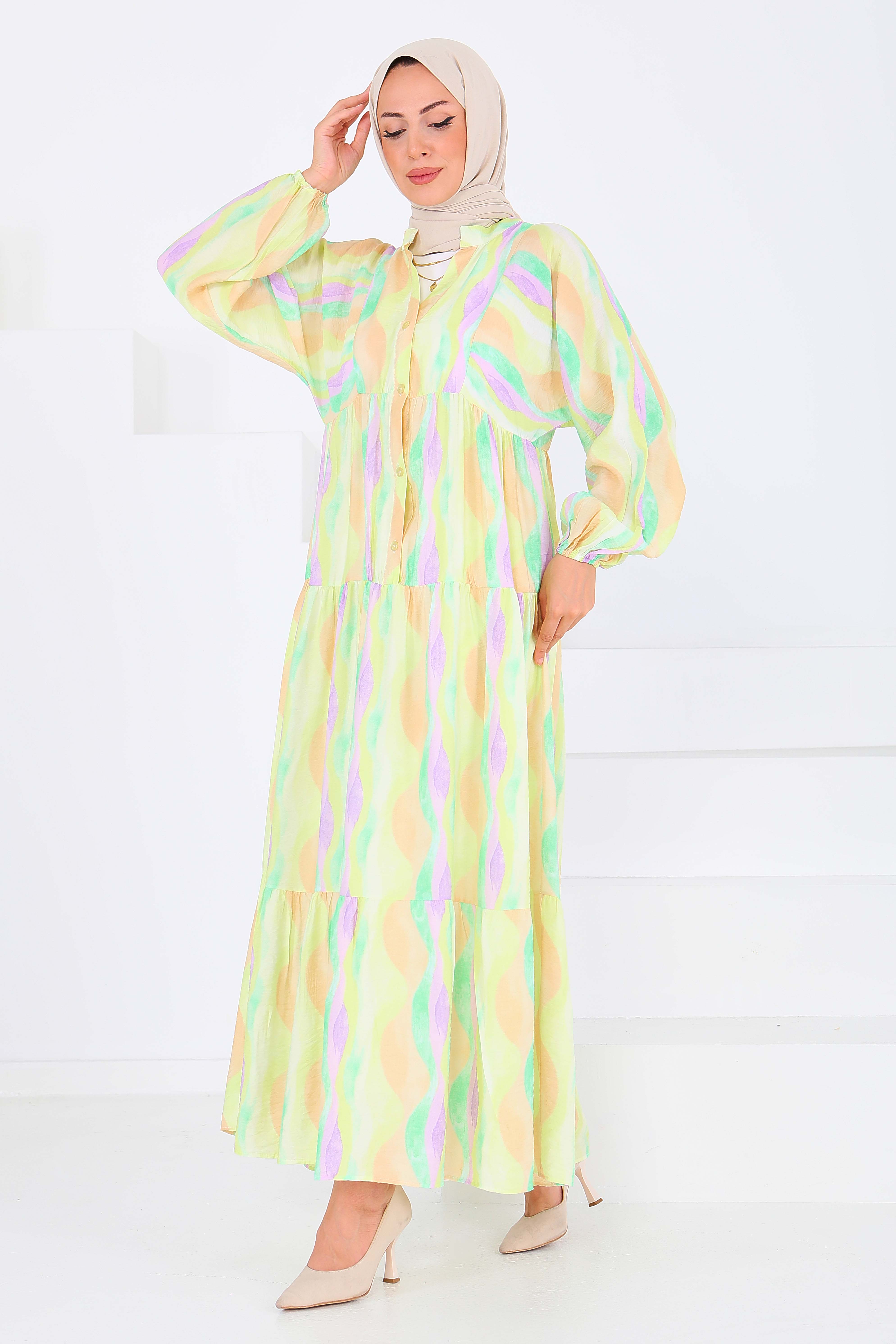 Düğmeli Desenli Elbise - 27515 - 5