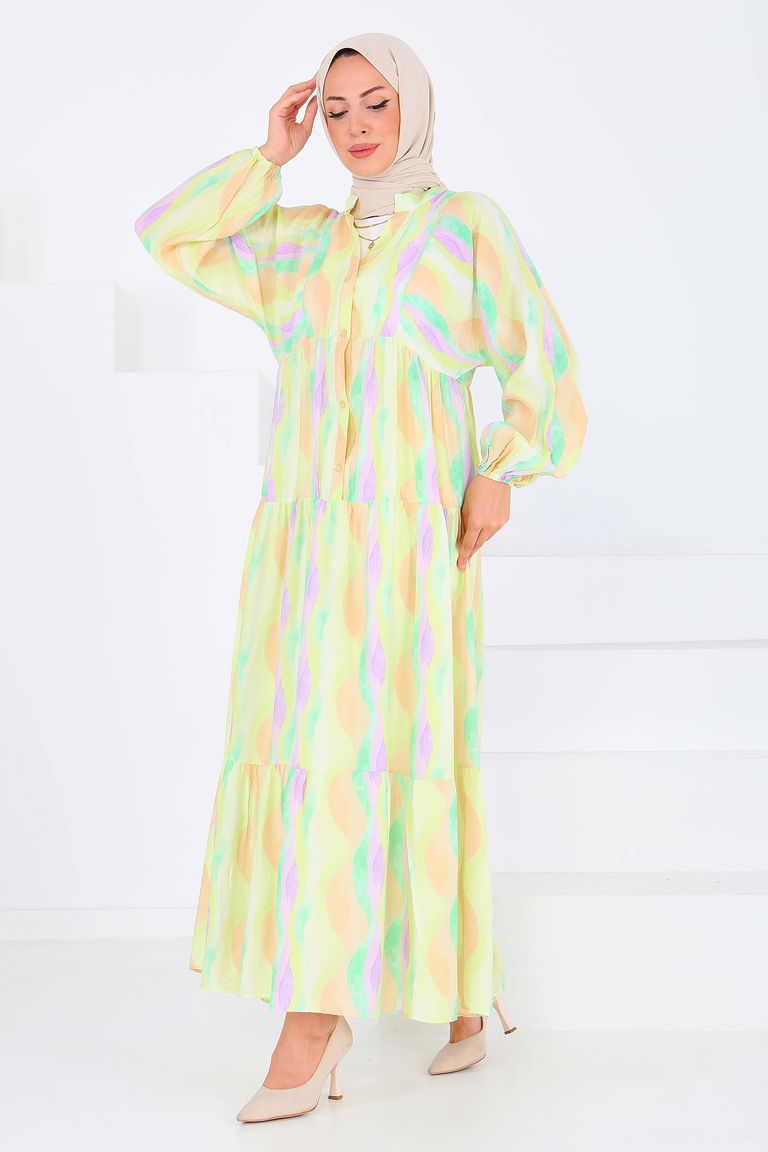 Düğmeli Desenli Elbise - 27515 - TOFİSA