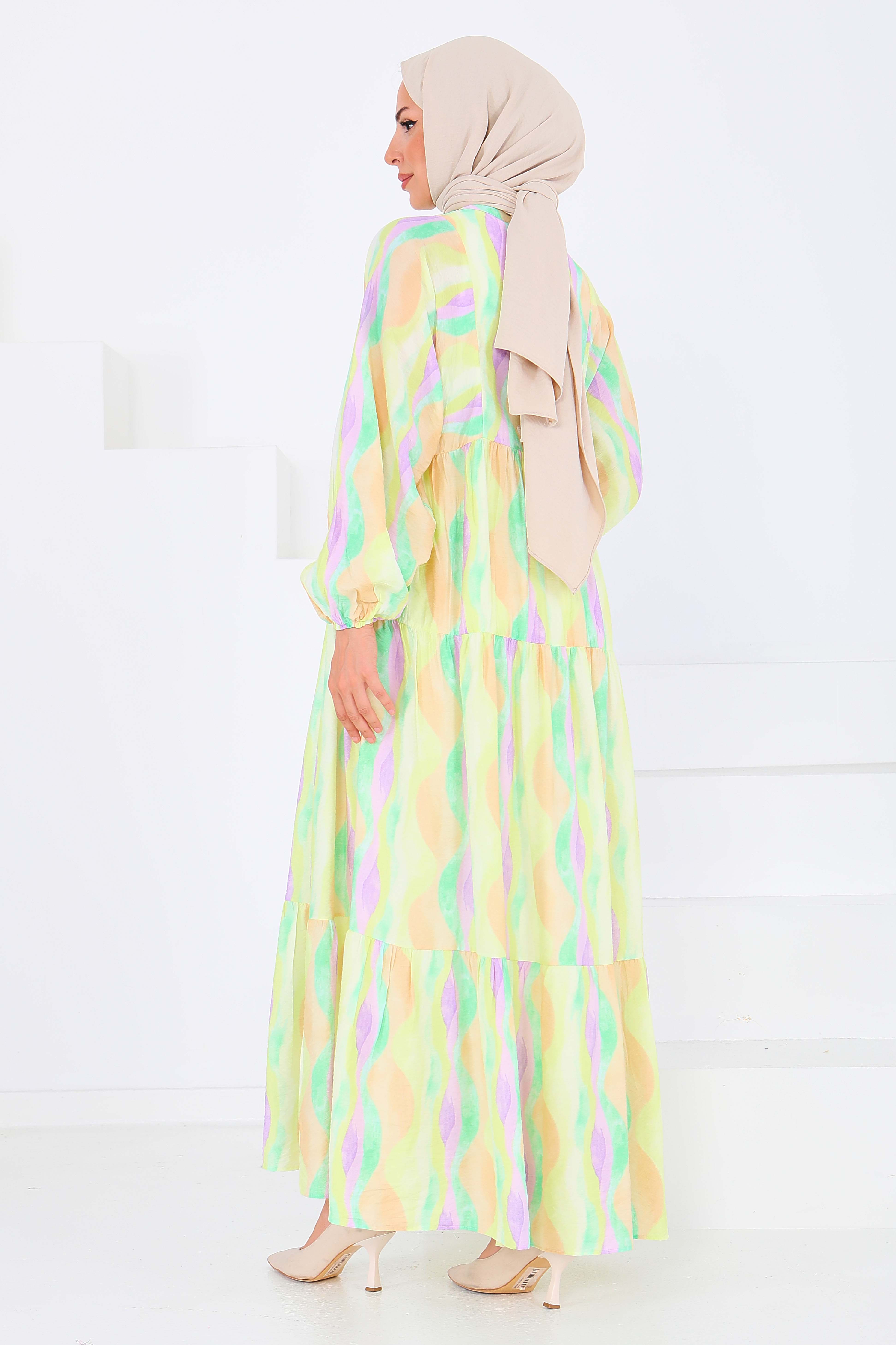 Düğmeli Desenli Elbise - 27515 - 6