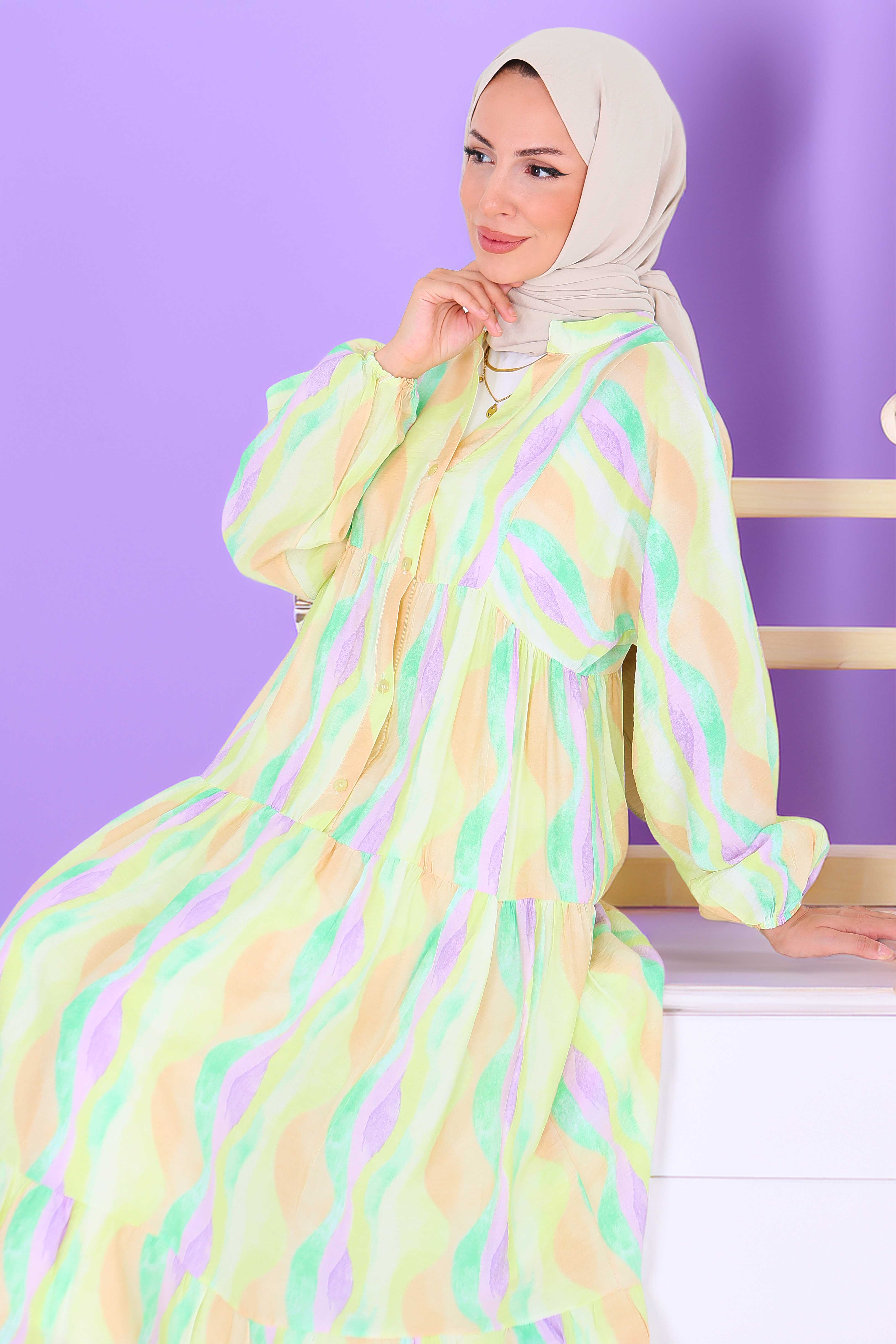 Düğmeli Desenli Elbise - 27515 - 1