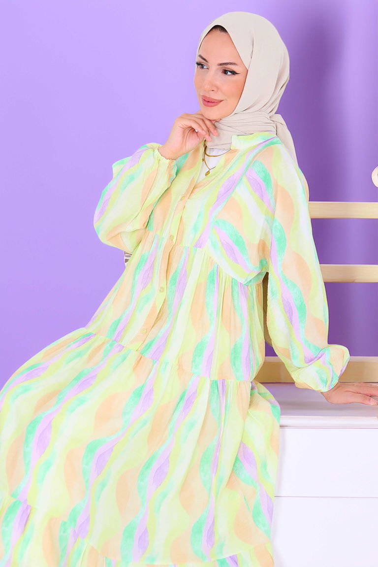 Düğmeli Desenli Elbise - 27515 - TOFİSA