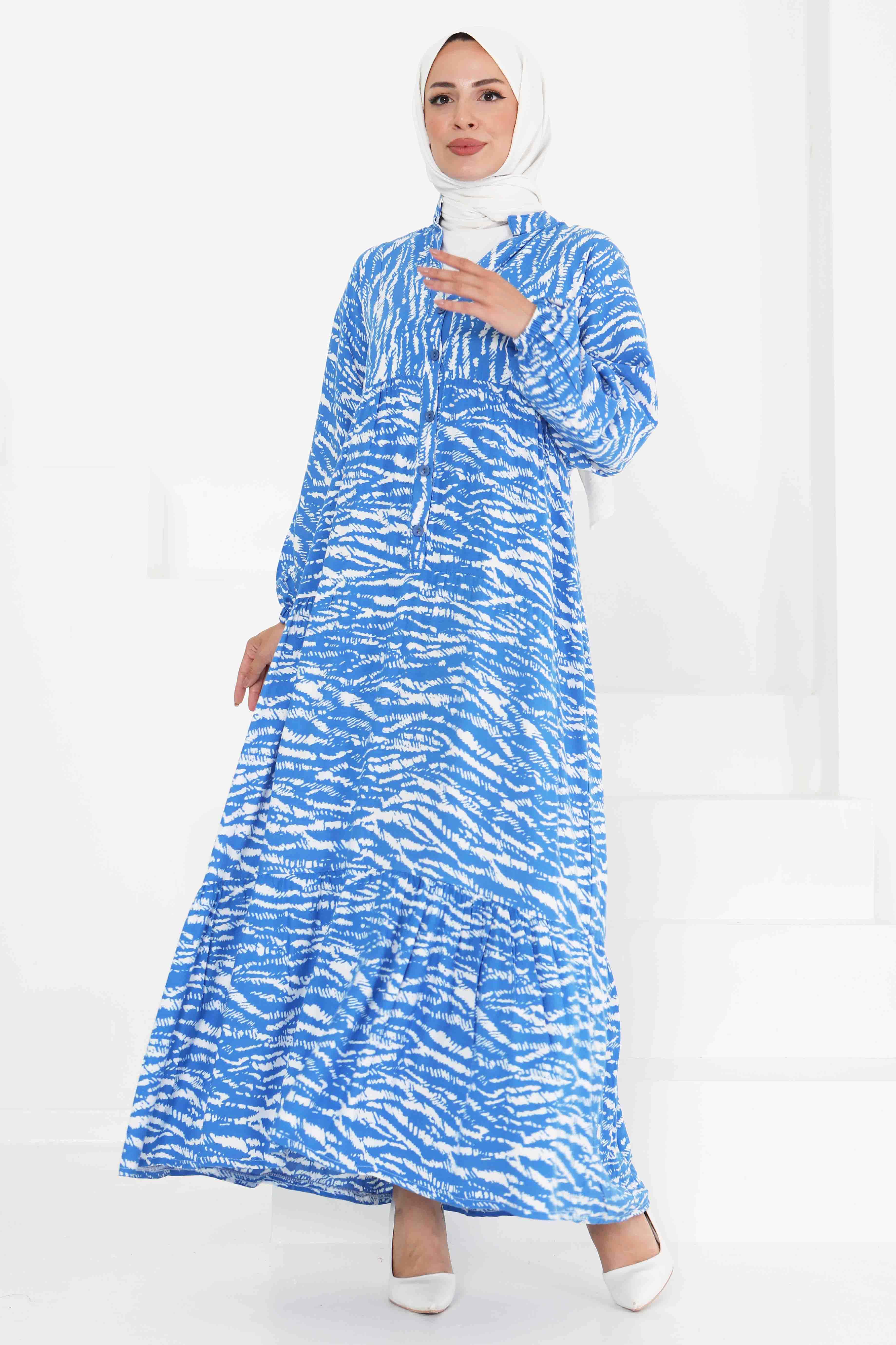 Düğmeli Desenli Elbise - 27424 - 2