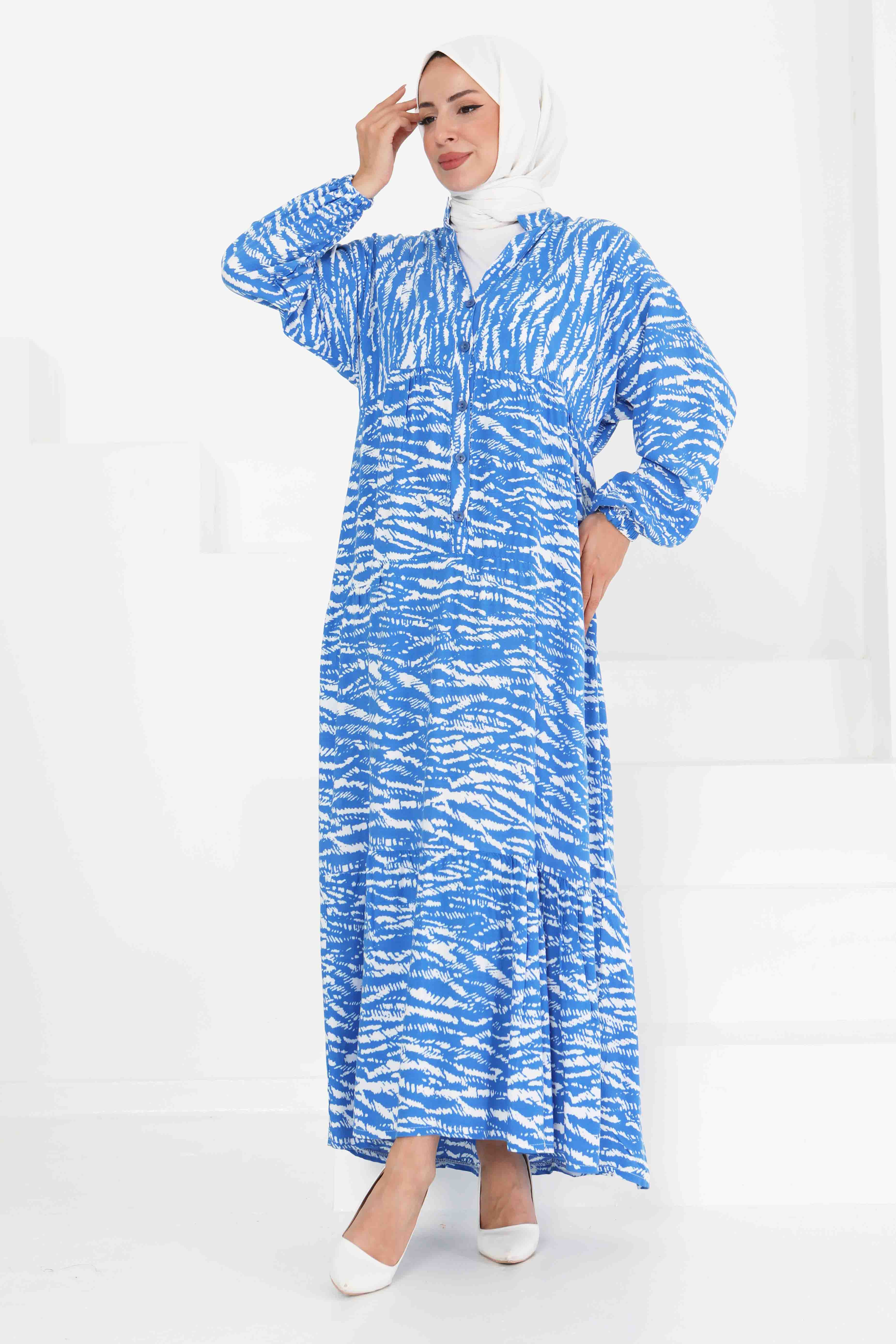 Düğmeli Desenli Elbise - 27424 - 4