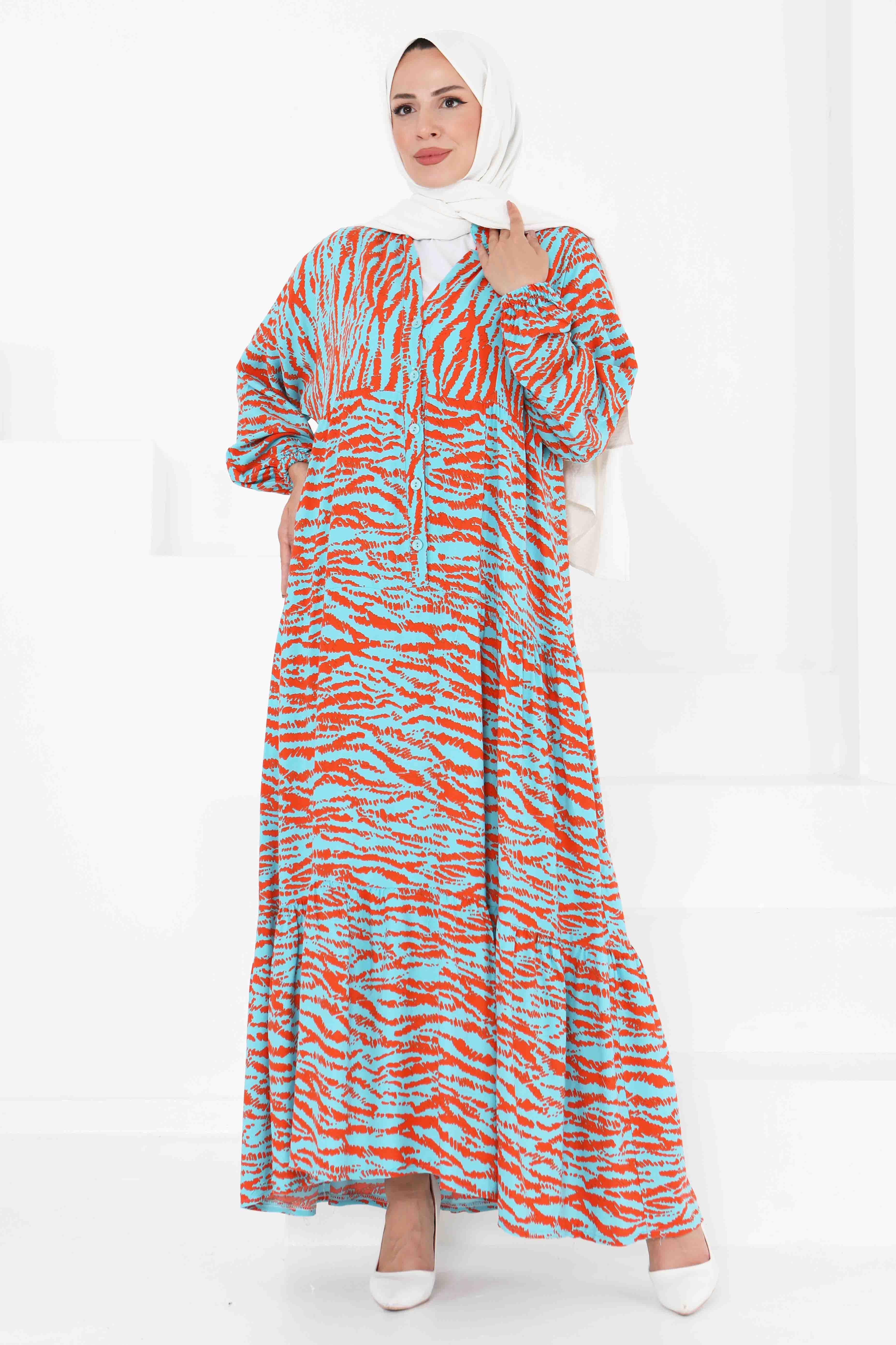 Düğmeli Desenli Elbise - 27424 - 1