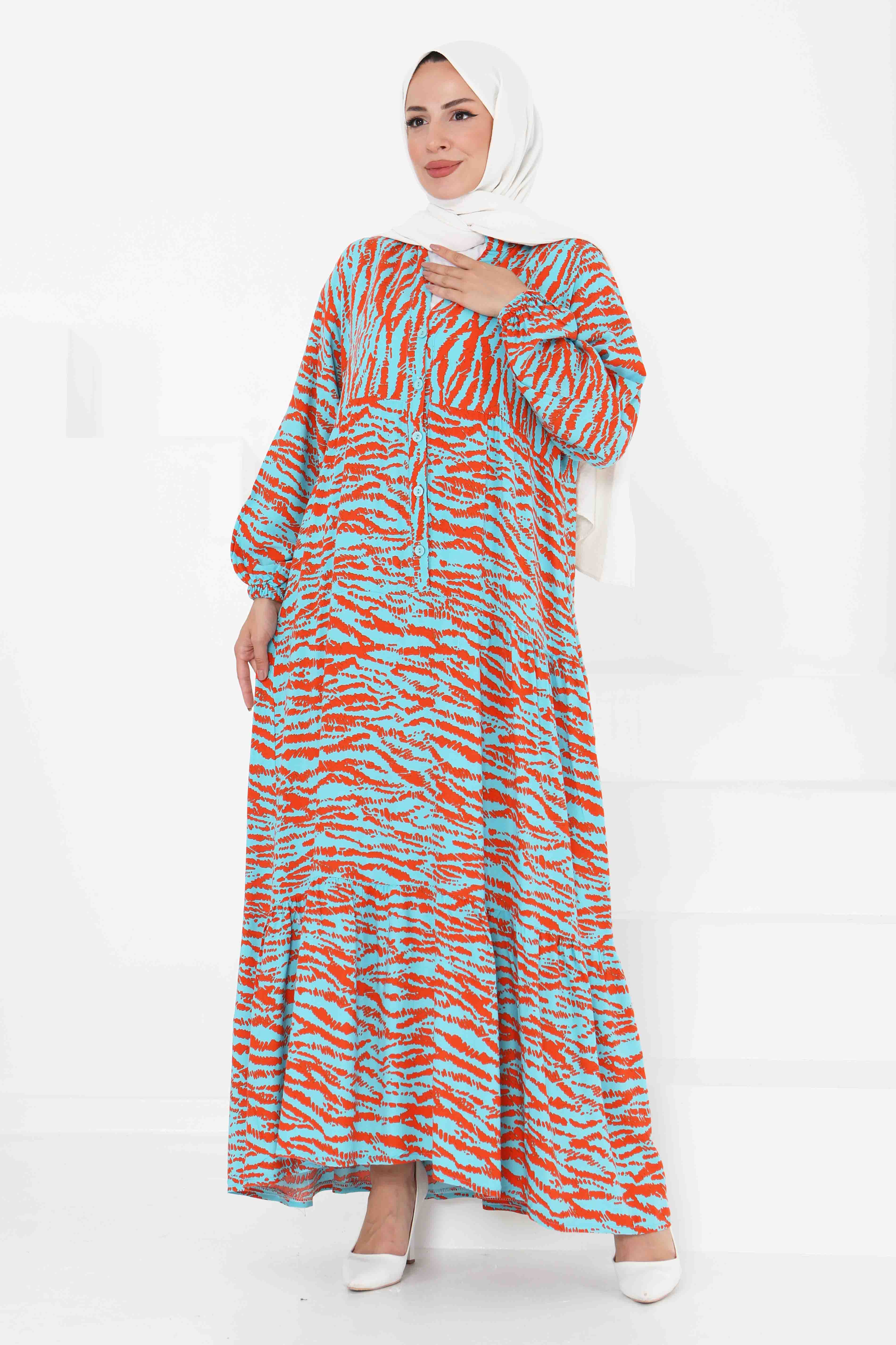 Düğmeli Desenli Elbise - 27424 - 2