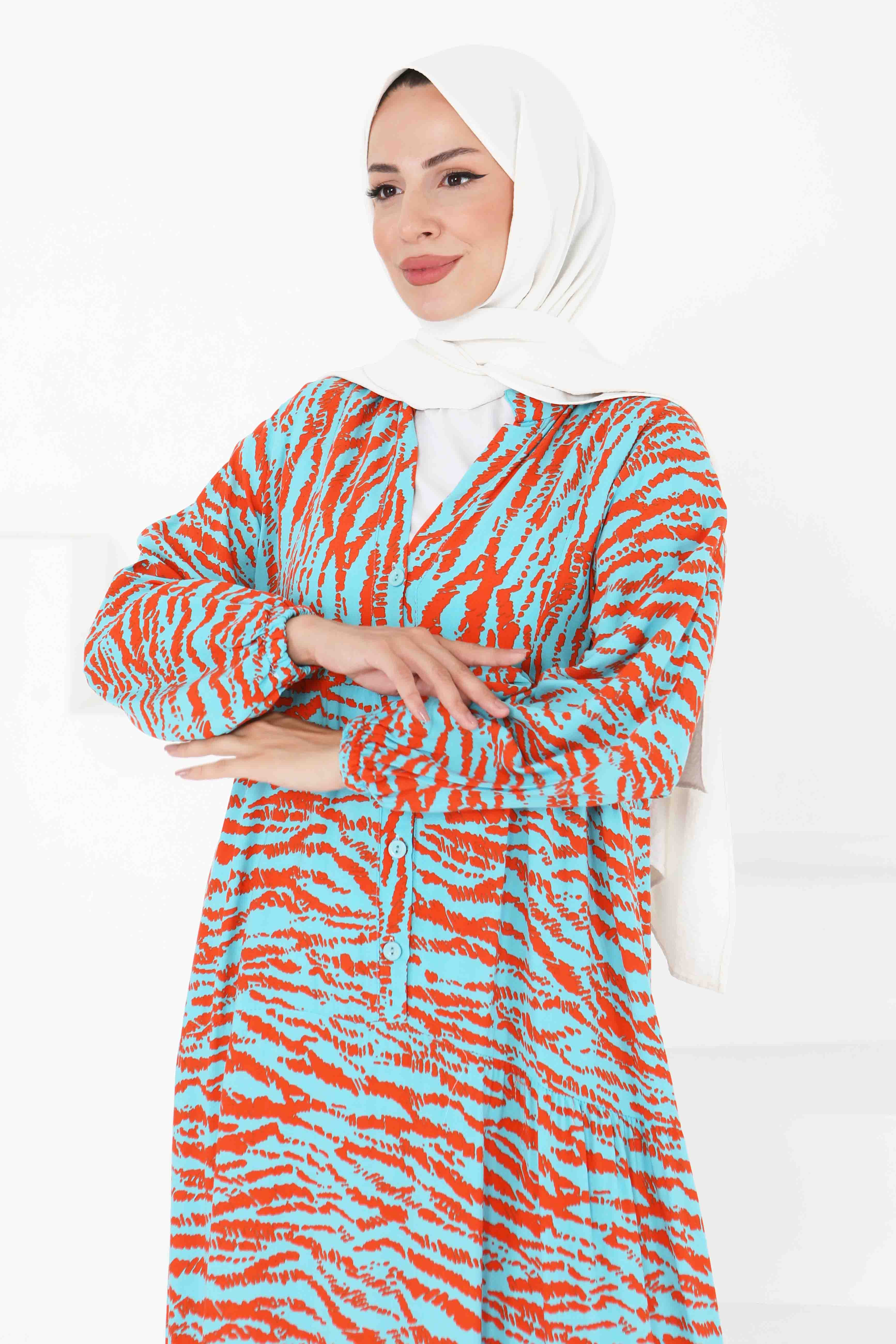 Düğmeli Desenli Elbise - 27424 - 3