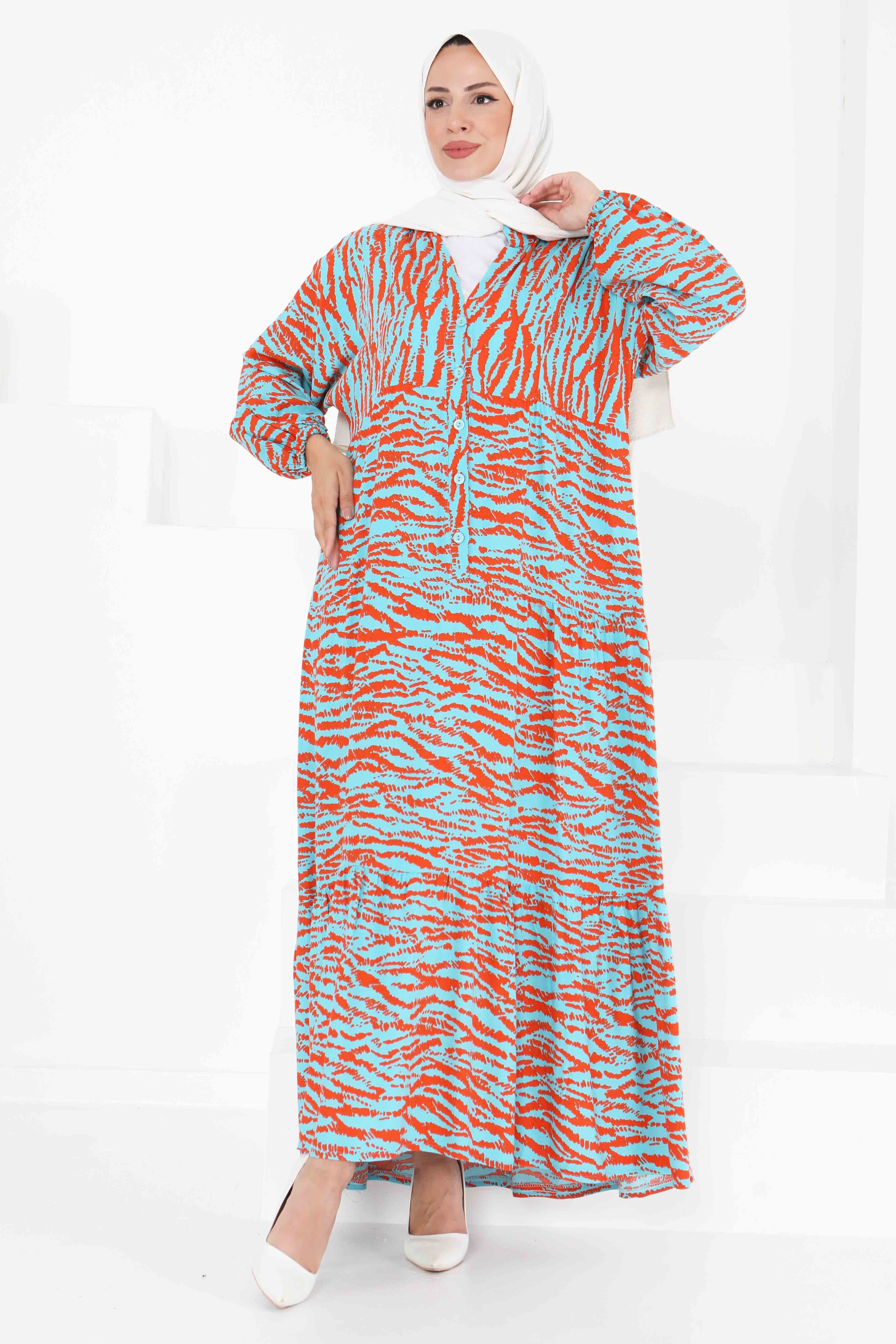 Düğmeli Desenli Elbise - 27424 - 4