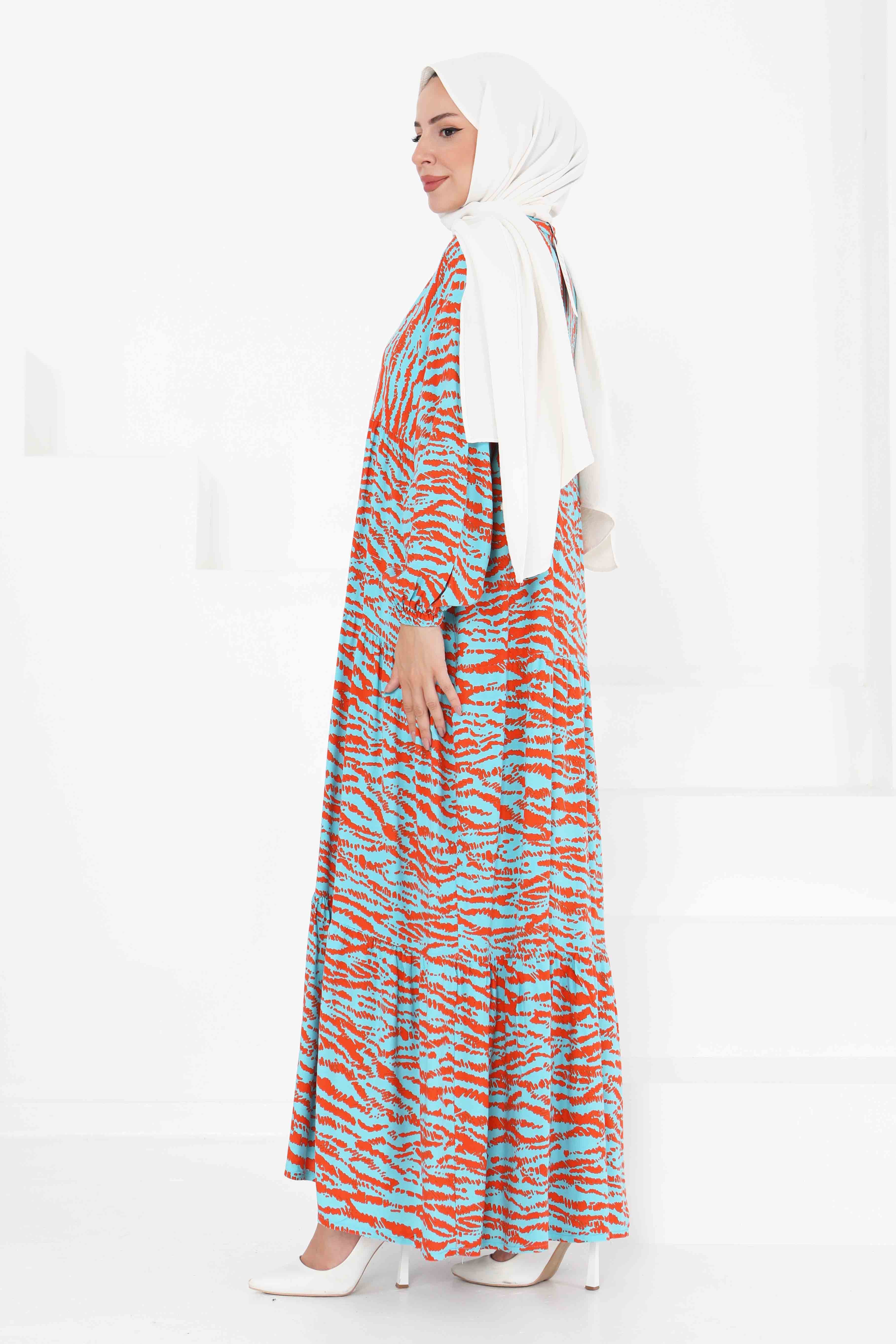 Düğmeli Desenli Elbise - 27424 - 5