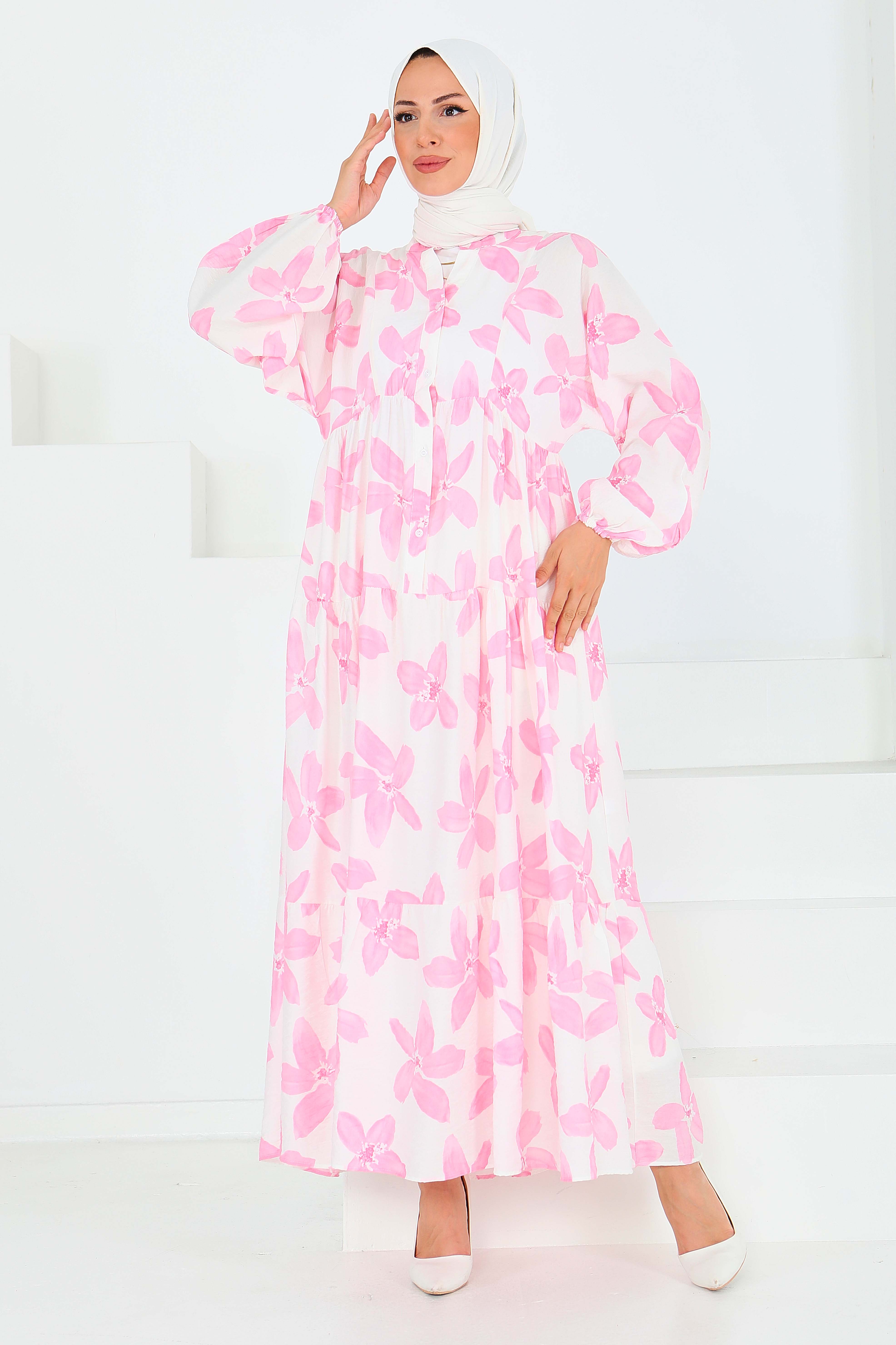 Düğmeli Desenli Elbise - 27514 - 4