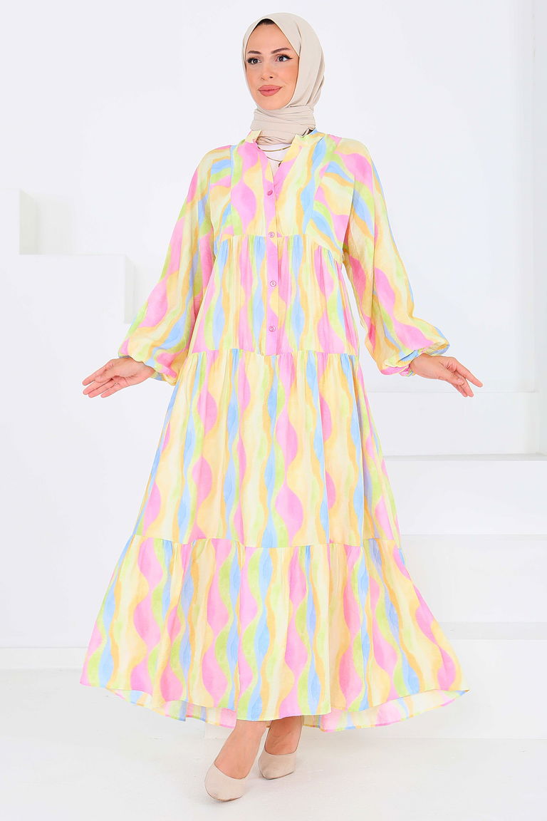 Düğmeli Desenli Elbise - 27515 - TOFİSA