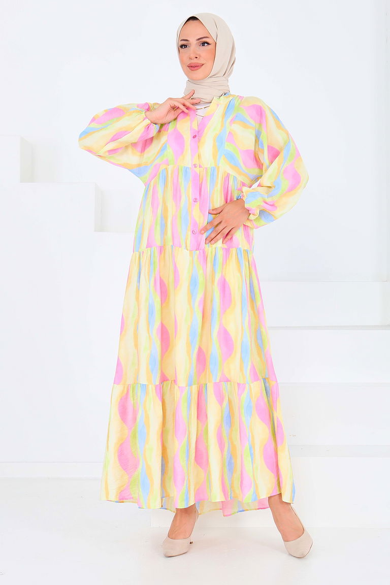 Düğmeli Desenli Elbise - 27515 - TOFİSA