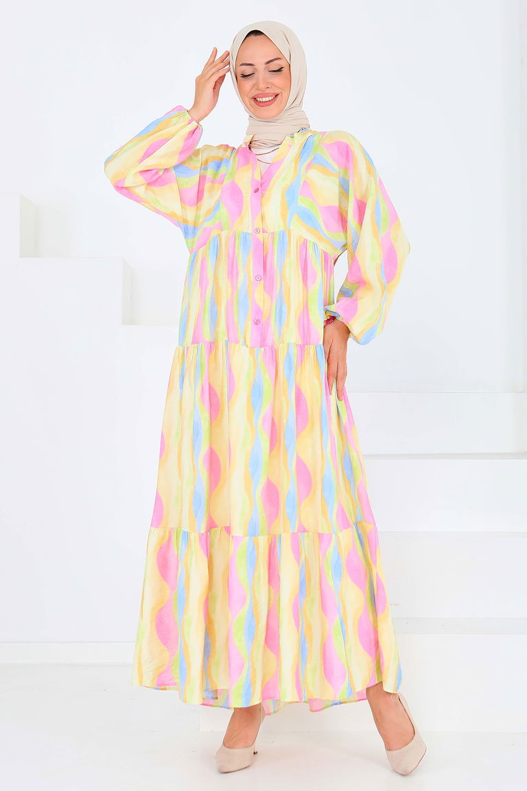 Düğmeli Desenli Elbise - 27515 - TOFİSA