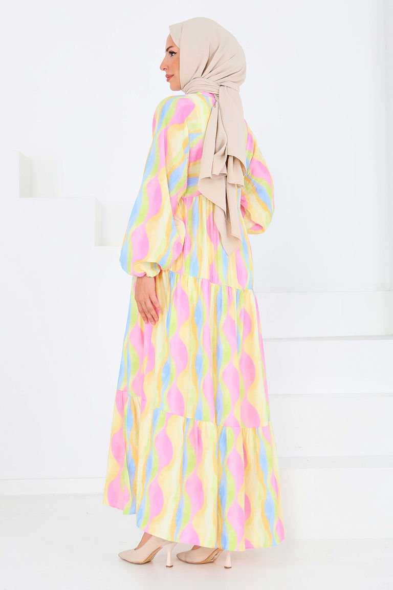 Düğmeli Desenli Elbise - 27515 - TOFİSA