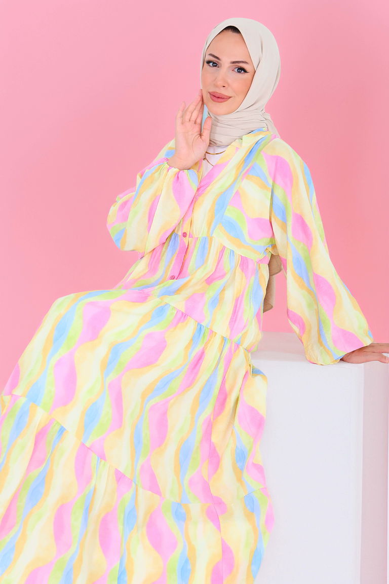 Düğmeli Desenli Elbise - 27515 - TOFİSA